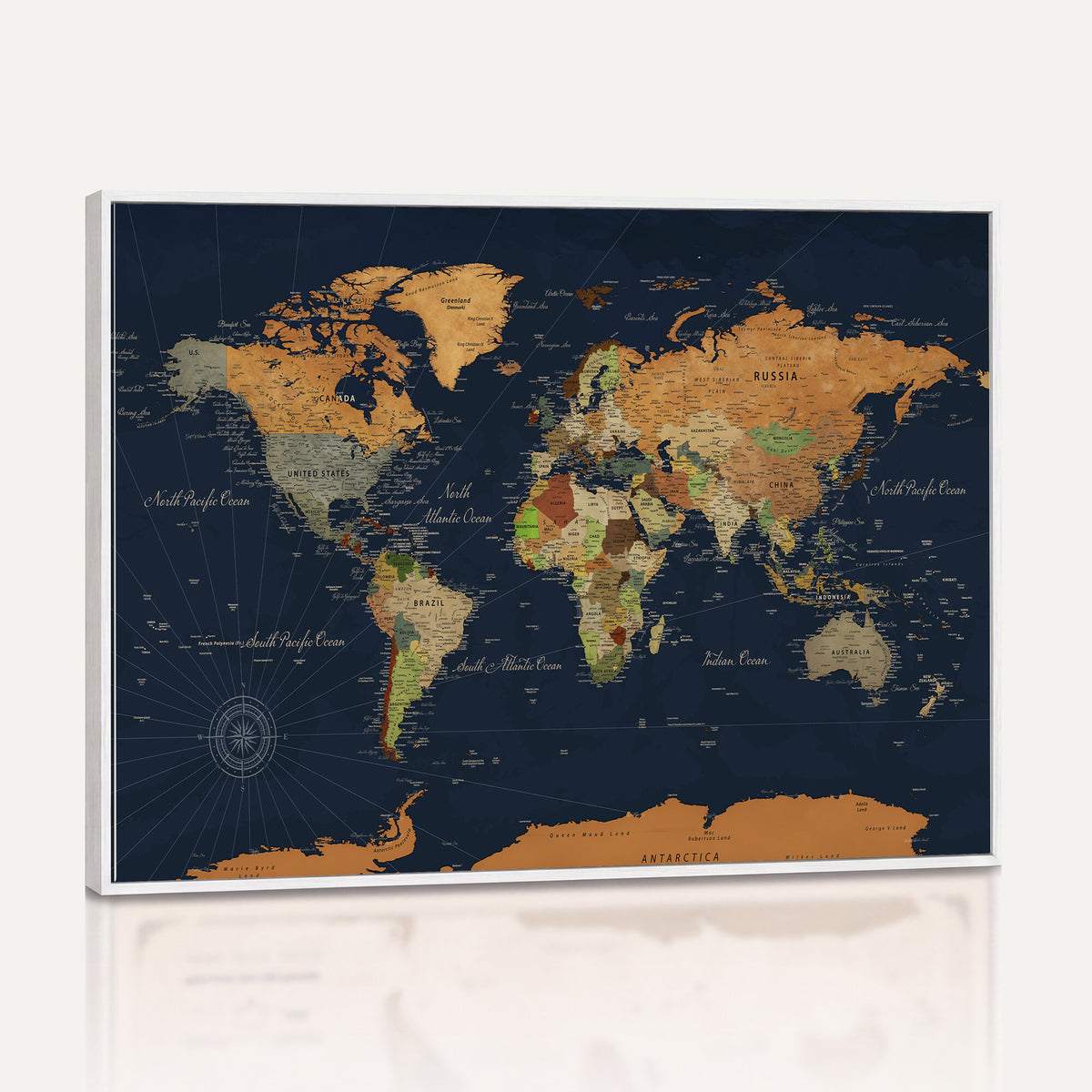 11715182-MGV-CV-36X24 - Modern World Map Canvas Print, Framed Detailed Map of the World Wall Art