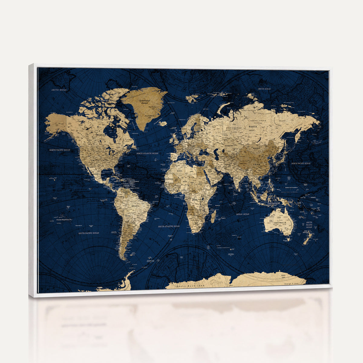 54770746-MGV-CV-36X24 - Navy Blue World Map Canvas Print – Detailed Map Minimal Navy