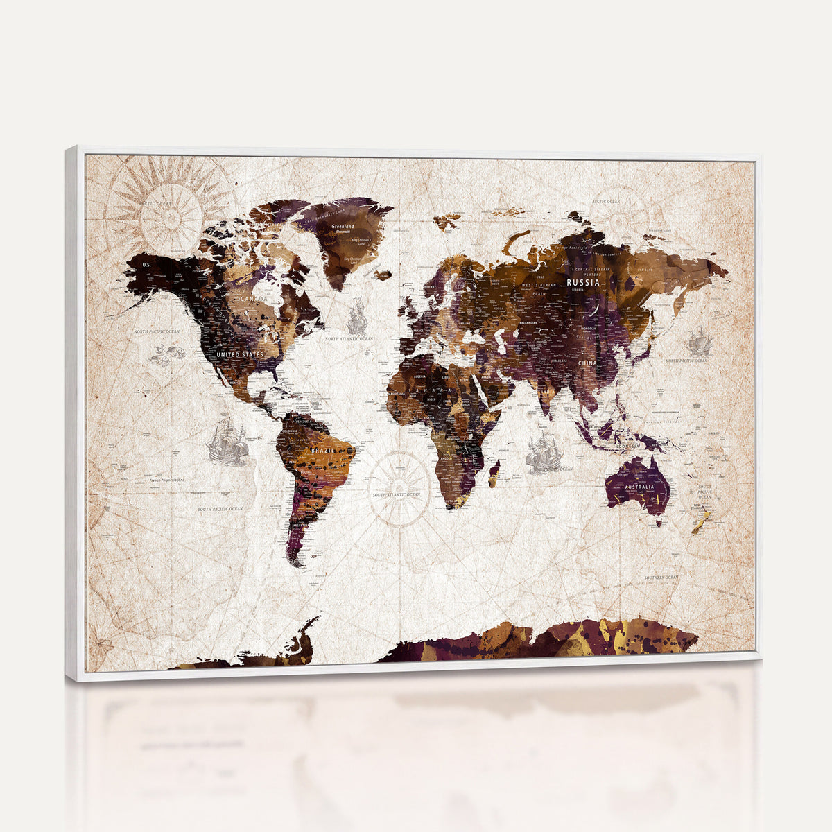 53400857-MGV-CV-36X24 - Blue Watercolor World Map Canvas Print – Framed Modern Wall
