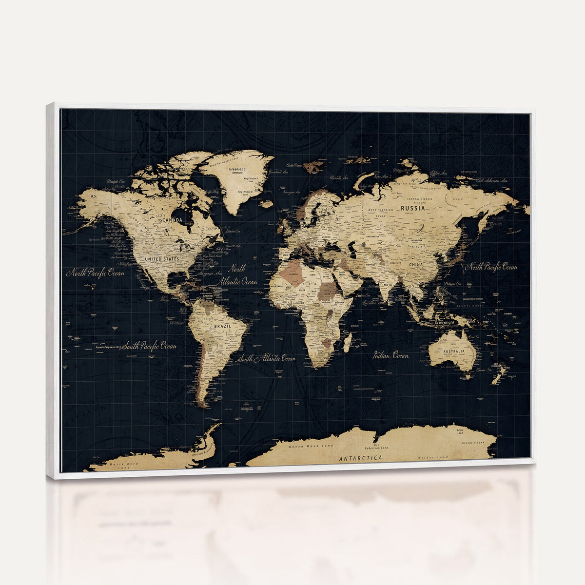45063434-MGV-CV-36X24 - Dark World Map Canvas Wall Art Print, Minimal Black and Gold Map