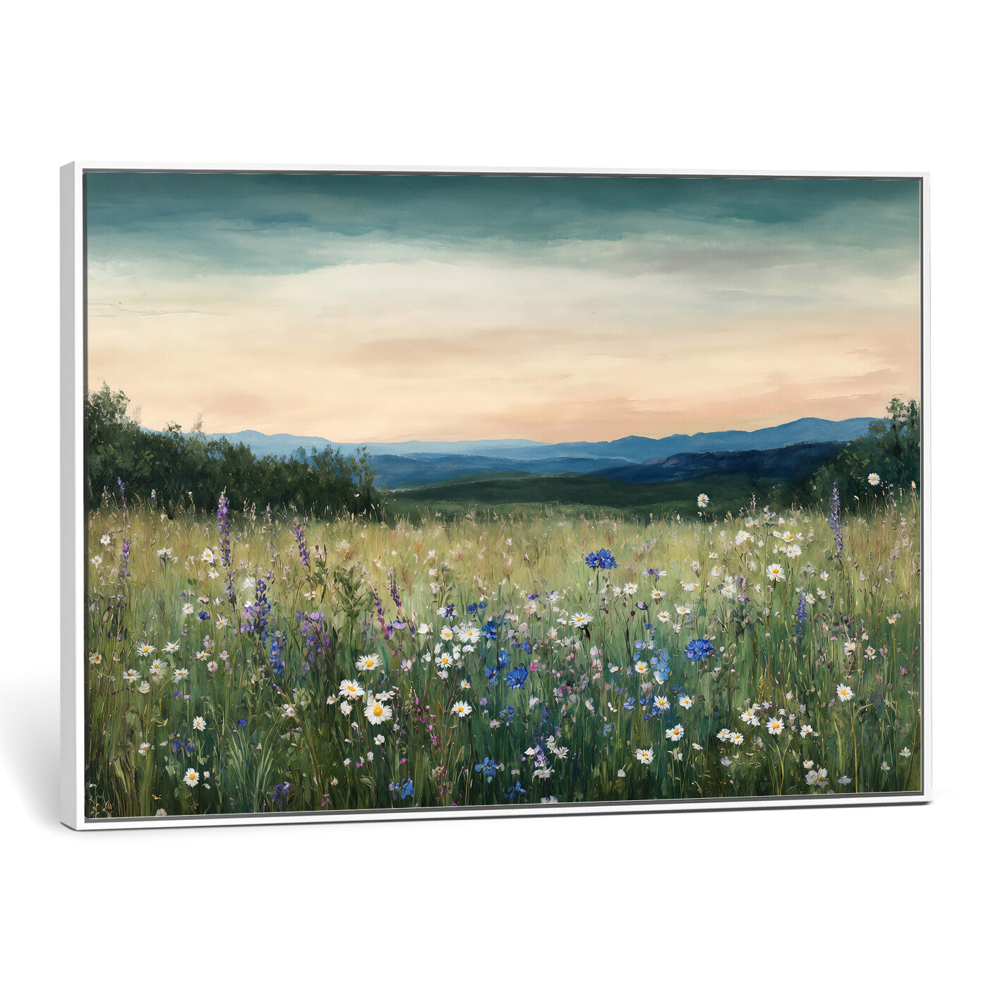 35773805-MGV-CV-36X24 - Wildflower Meadow Oil Painting Canvas Print - Daisy Lavender Mountain Sunset Print | Cottagecore Floral Wall Art - Bedroom Decor Gift for Her
