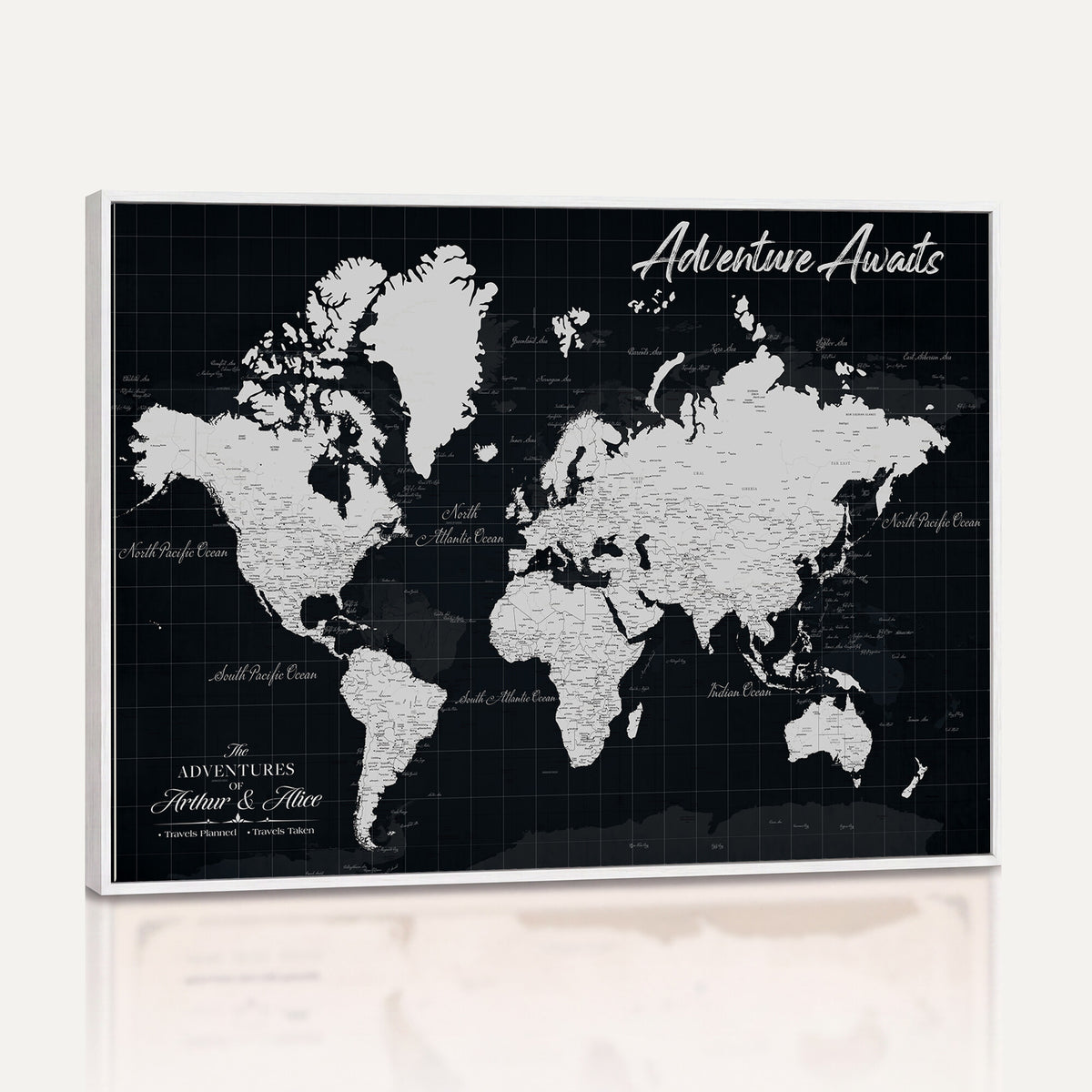 19855445B-MGV-CV-36X24 - Personalized Black Push Pin Travel Map Canvas Print, Couples Countries Visited Map, Entryway and Hallway Decor