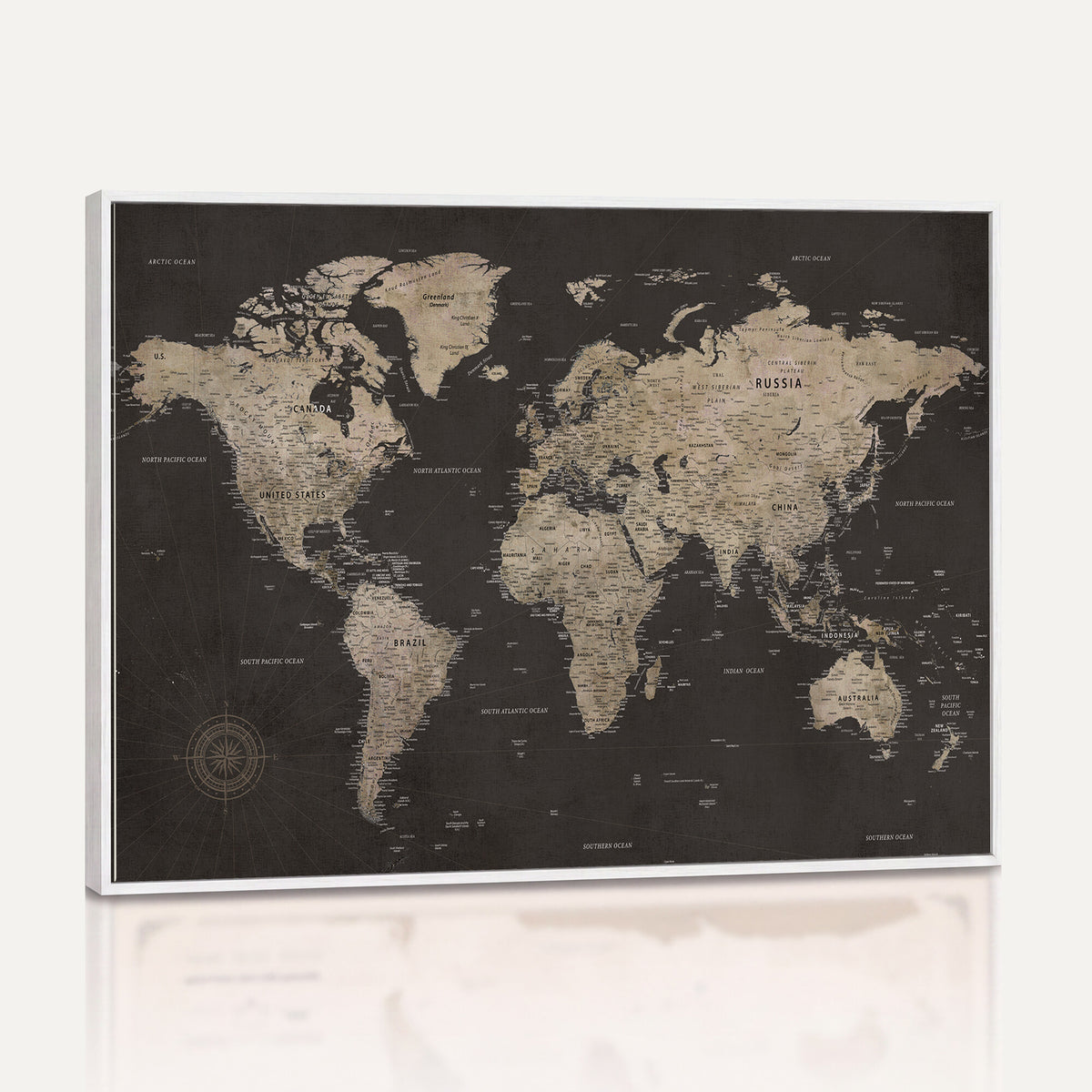 56556018136-MGV-CV-36X24 - World Map Canvas Wall Art Dark Charcoal Antique Tan Detailed