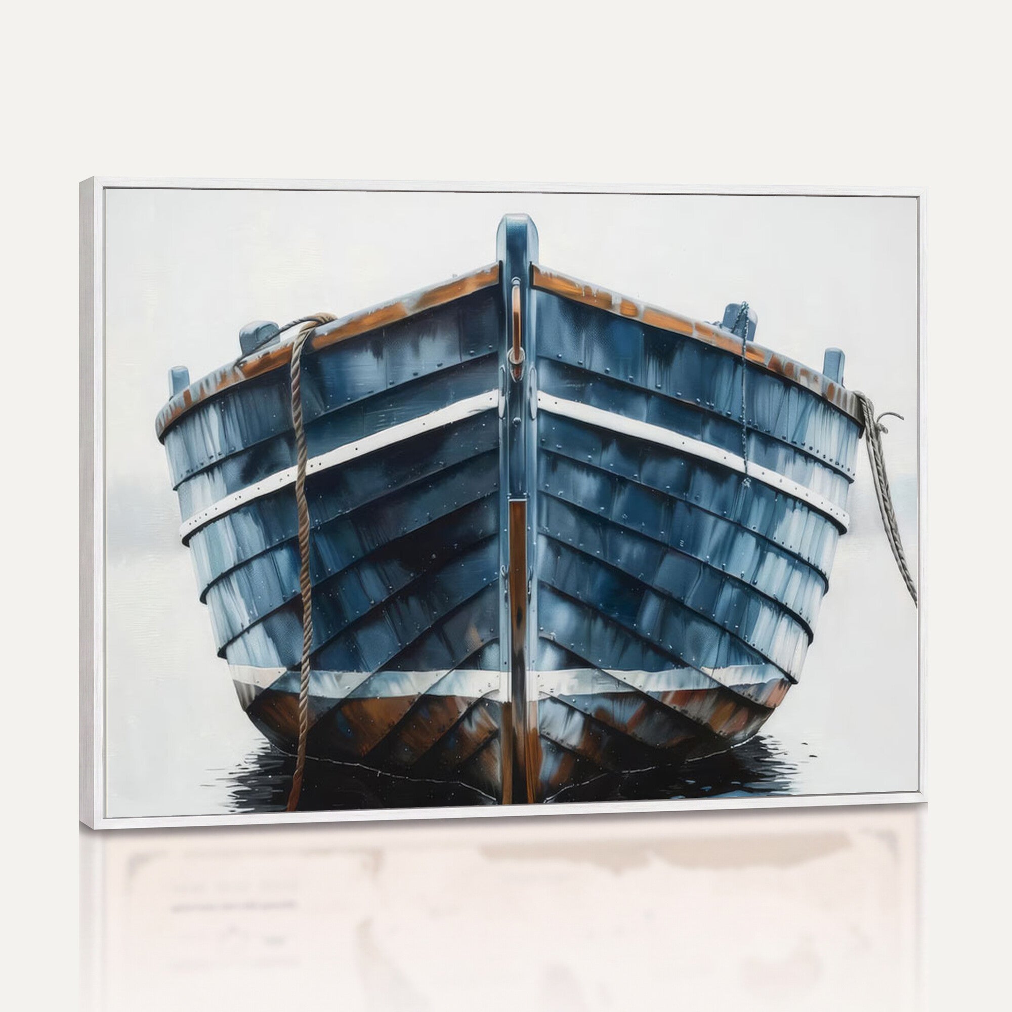 21601740-MGV-CV-36X24 - Blue Wooden Rowboat Canvas Wall Art, Coastal Nautical Boat Painting Print for Lake Beach House Decor, Minimalist Maritime Decor Artwork