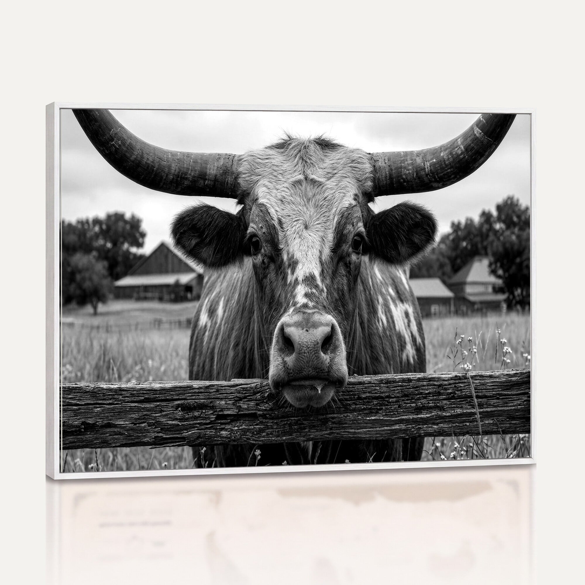 59378683B-MGV-CV-36X24 - Black White Texas Longhorn Bull Canvas Wall Art, Western Ranch Cattle Photography Print, Rustic Farmhouse Cowboy Decor Artwork