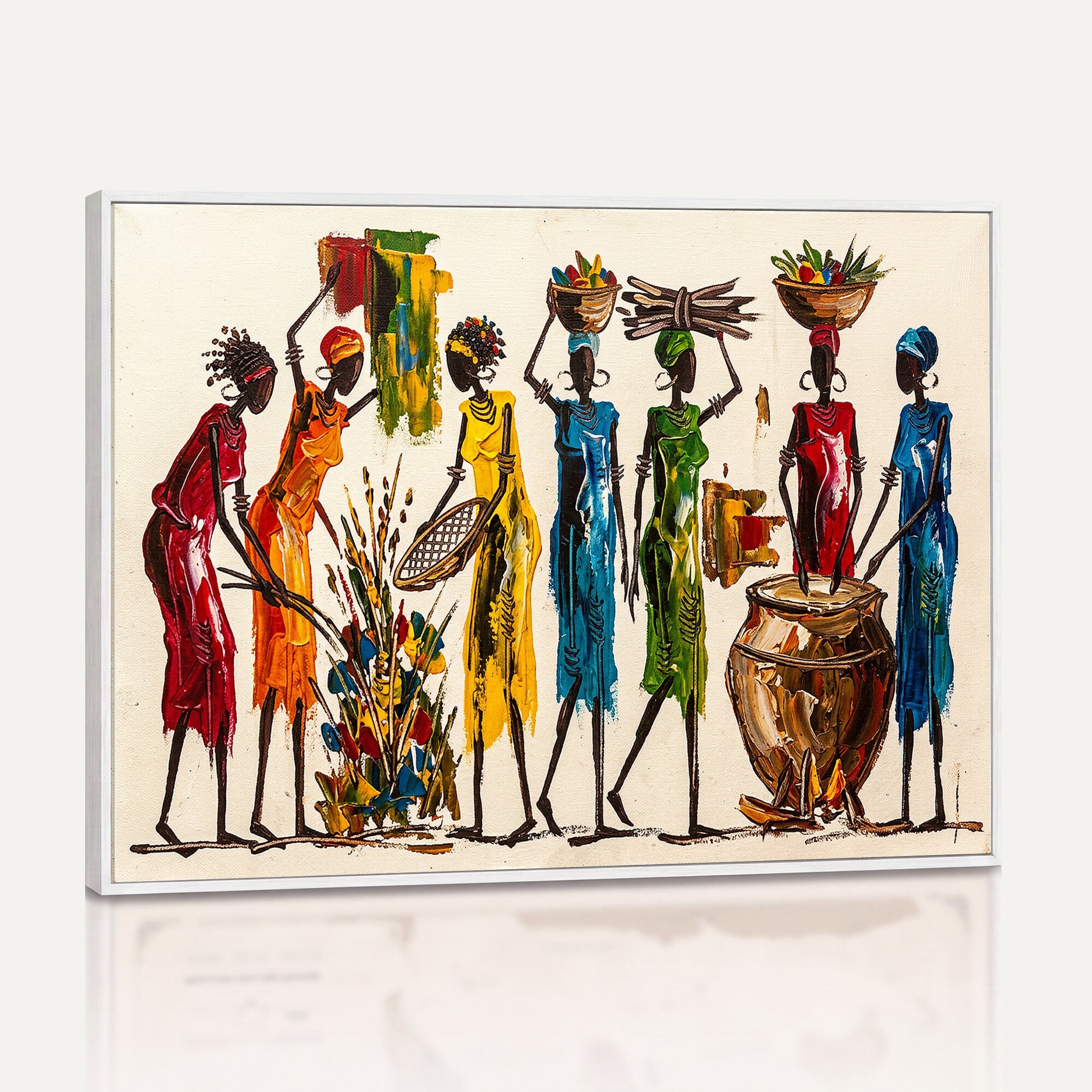 83463154-MGV-CV-36X24 - African Folk Art Canvas Wall Art, Colorful African Women Village Painting Print, Tribal Ethnic Home Decor, Vibrant African Art, Living Room