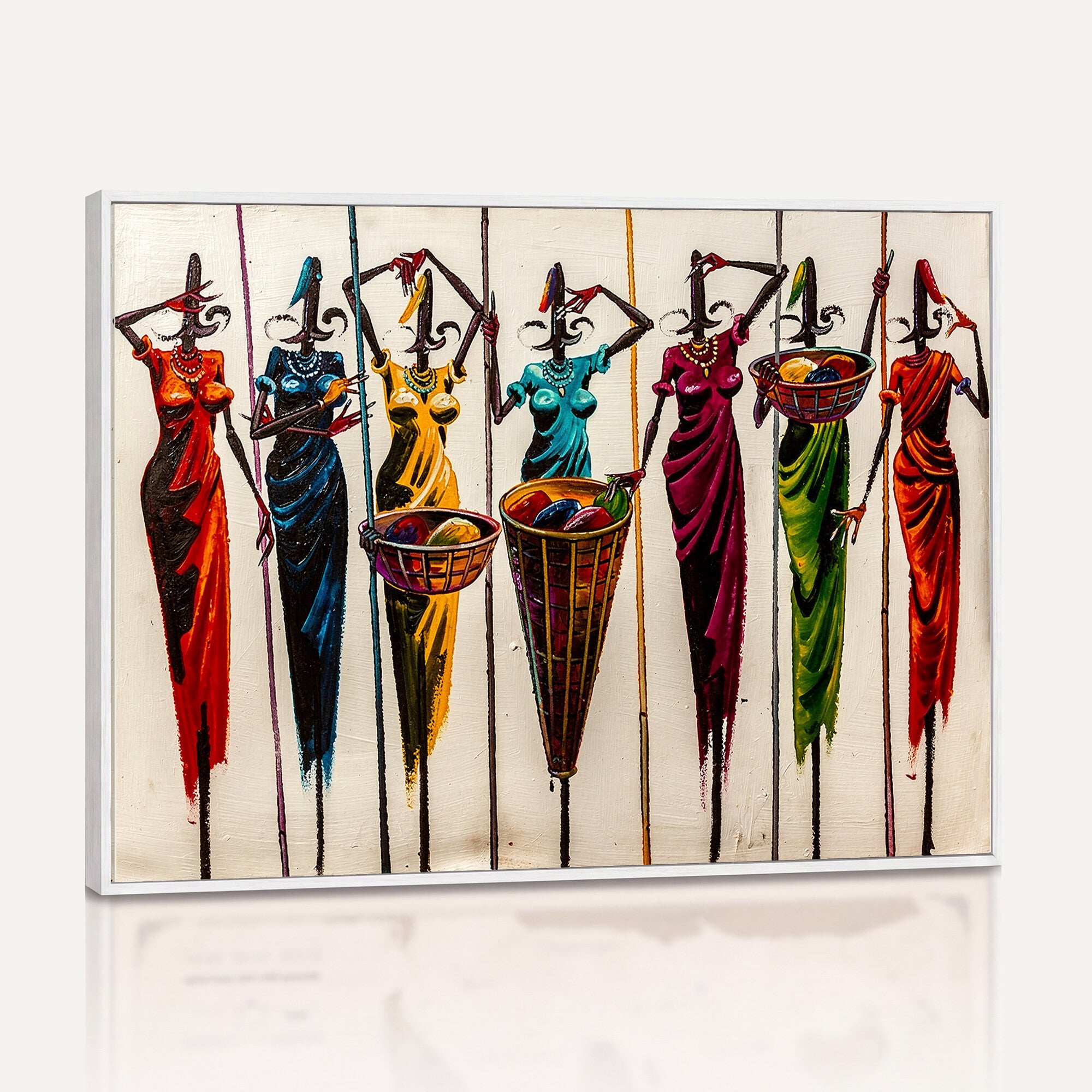 53545627-MGV-CV-36X24 - African Folk Art Canvas Wall Art, Colorful African Women Village Painting Print, Tribal Ethnic Home Decor, Vibrant African Art, Living Room