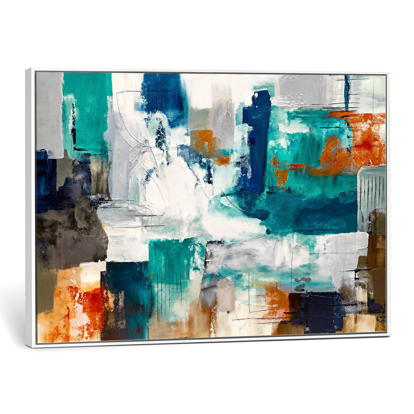 44038089-MGV-CV-36X24 - Blue Teal Abstract Canvas Wall Art, Modern Textured Painting Print, Navy Orange White Contemporary Art, Neutral Living Room Decor, Office Art