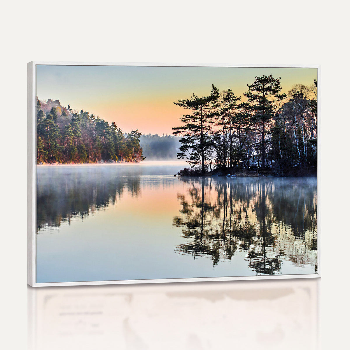 34236027-MGV-CV-36X24 - Before People Wake Canvas Wall Art Print, Misty Lake Sunrise Landscape, Forest Reflection Nature Decor, Ready to Hang