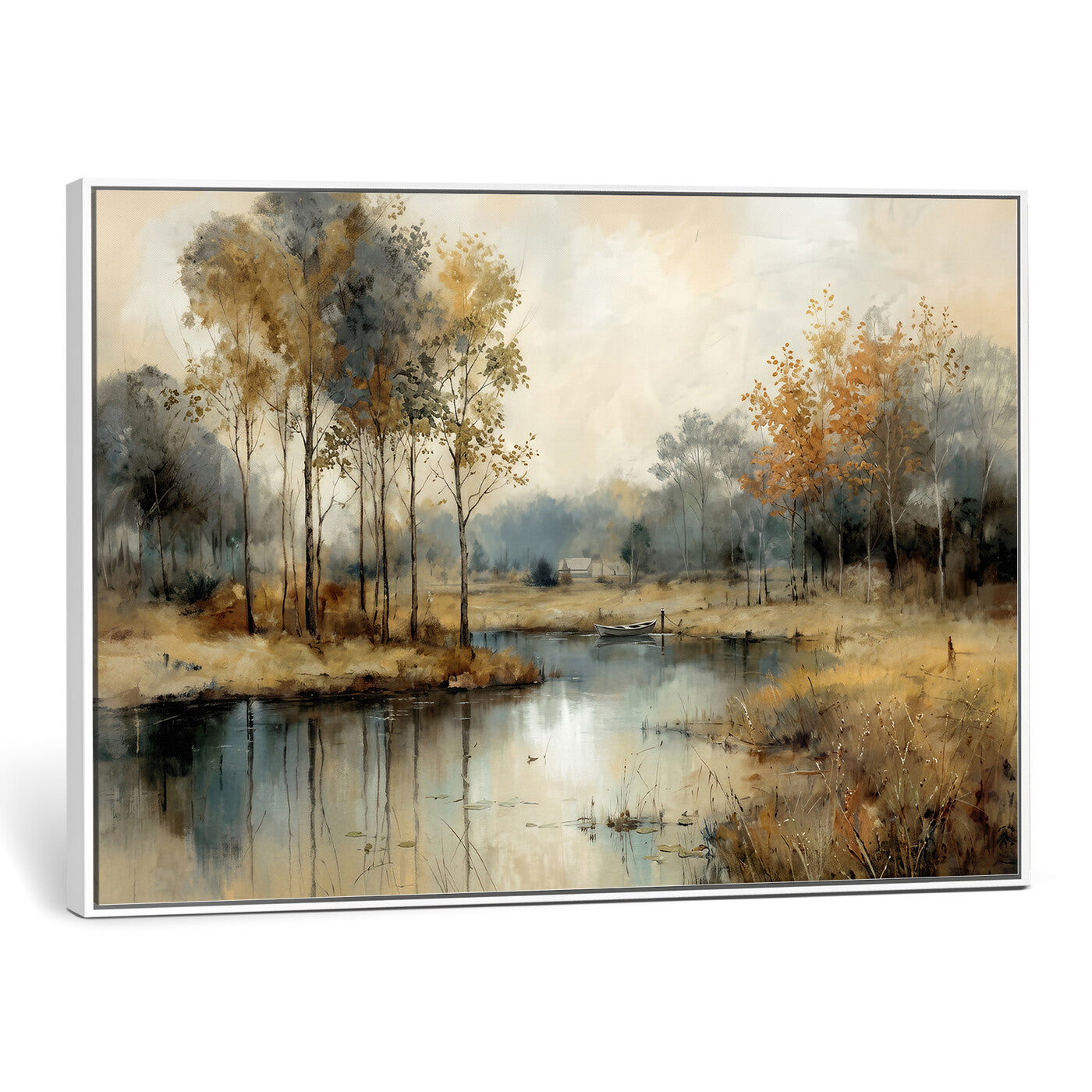 74391095-MGV-CV-36X24 - Abstract WatercolorAutumn Lake Canvas Wall Art Print, Misty Forest Landscape, Rustic Nature Painting, Cabin Wall Decor | Ready to Hang