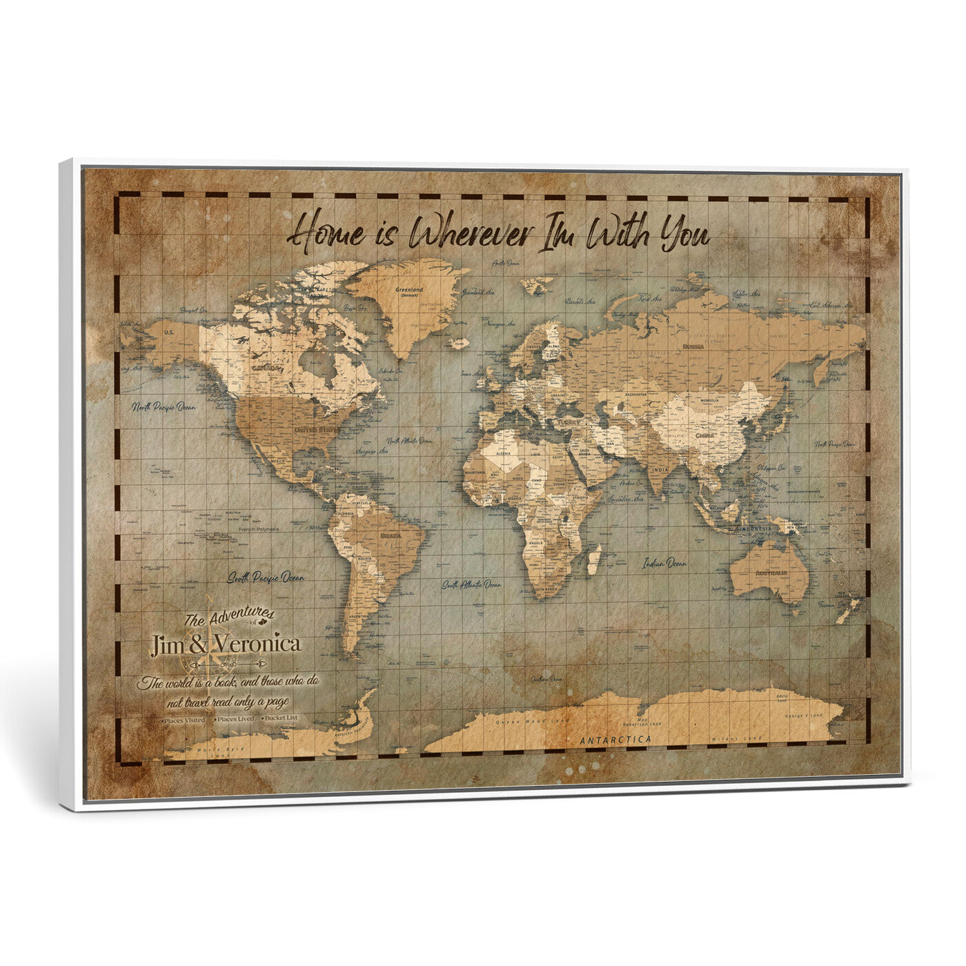 97123877-MGV-CV-36X24 - Vintage Custom Push Pin World Map Print - Vintage Travel Map Canvas, Personalized Names Anniversary Gift, Places Visited Pin Board