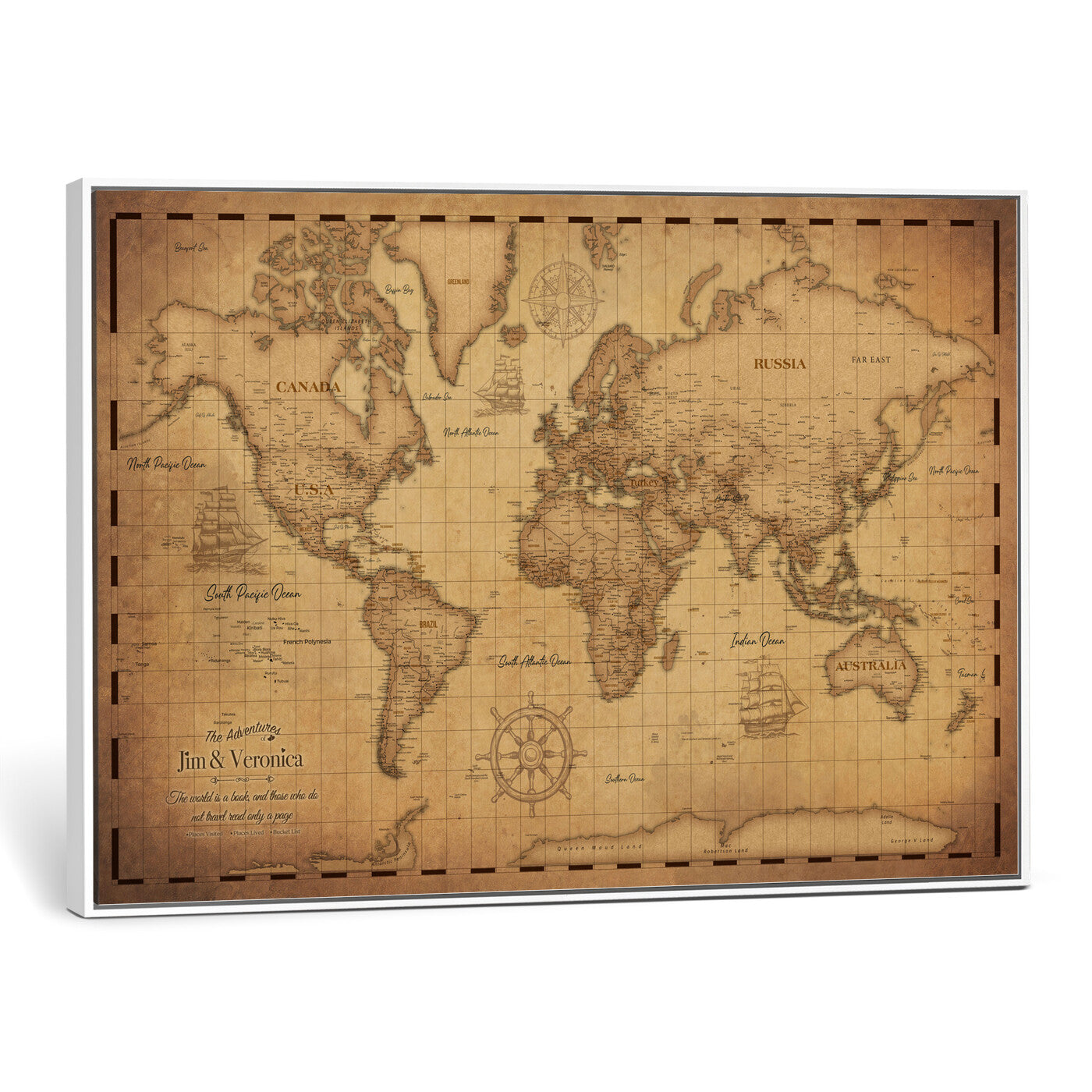55328610-MGV-CV-36X24 - Personalize Push Pin World Map Wall Art Print - Vintage Travel Map Canvas, Custom Names Anniversary Gift, Places Visited Pin Board