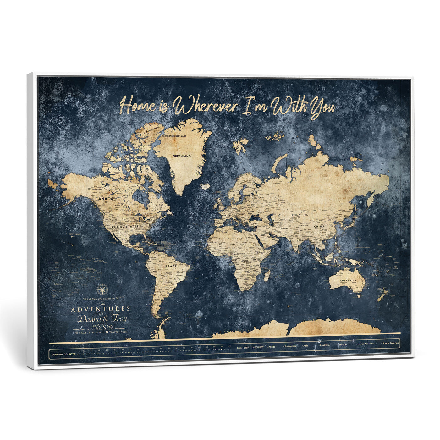 400867BL-MGV-CV-36X24 - Framed Blue Custom Push Pin World Map Canvas Print – Personalized Travel Map Wall Art