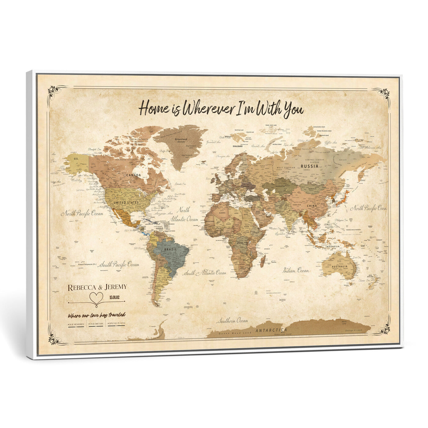 40086165-MGV-TP-30X20 - Framed Vintage Custom Push Pin World Map Canvas Print – Personalized Travel Map Wall Art