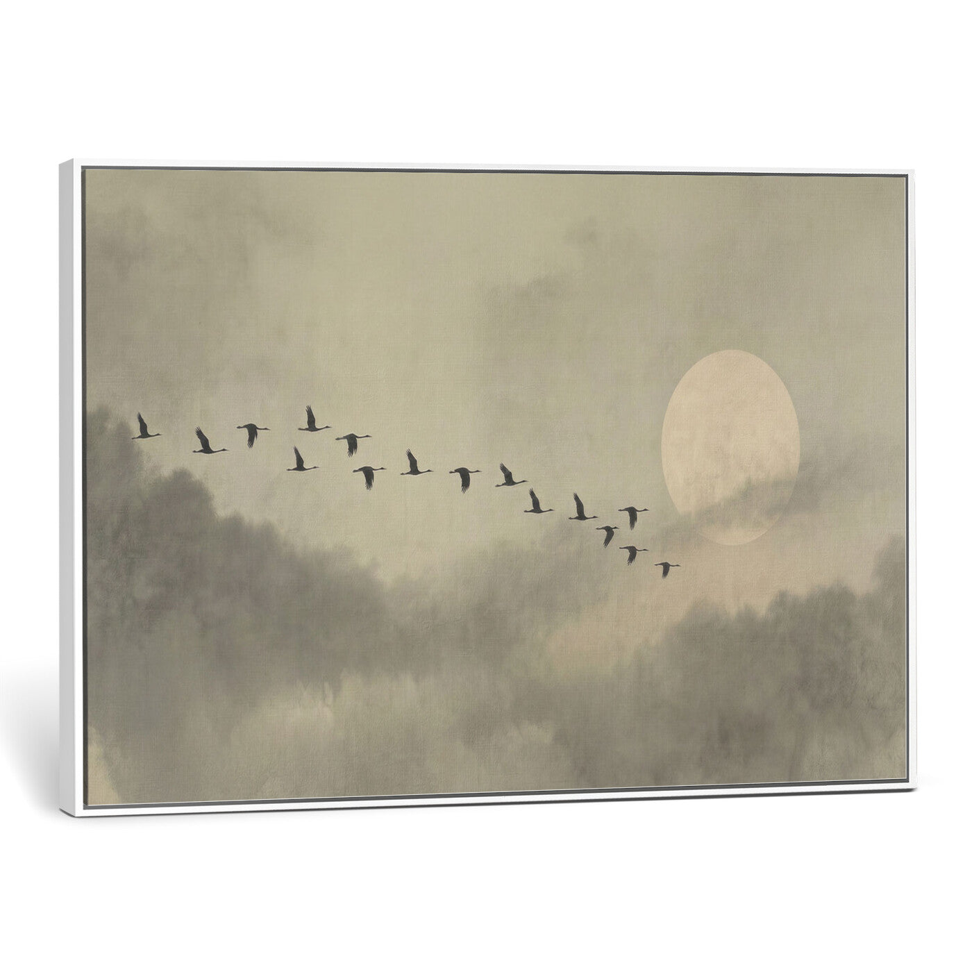 12098149-MGV-CV-36X24 - Flock of Birds Flying to Full Moon Wall Art Canvas Print - Vintage Surreal Clouds Painting