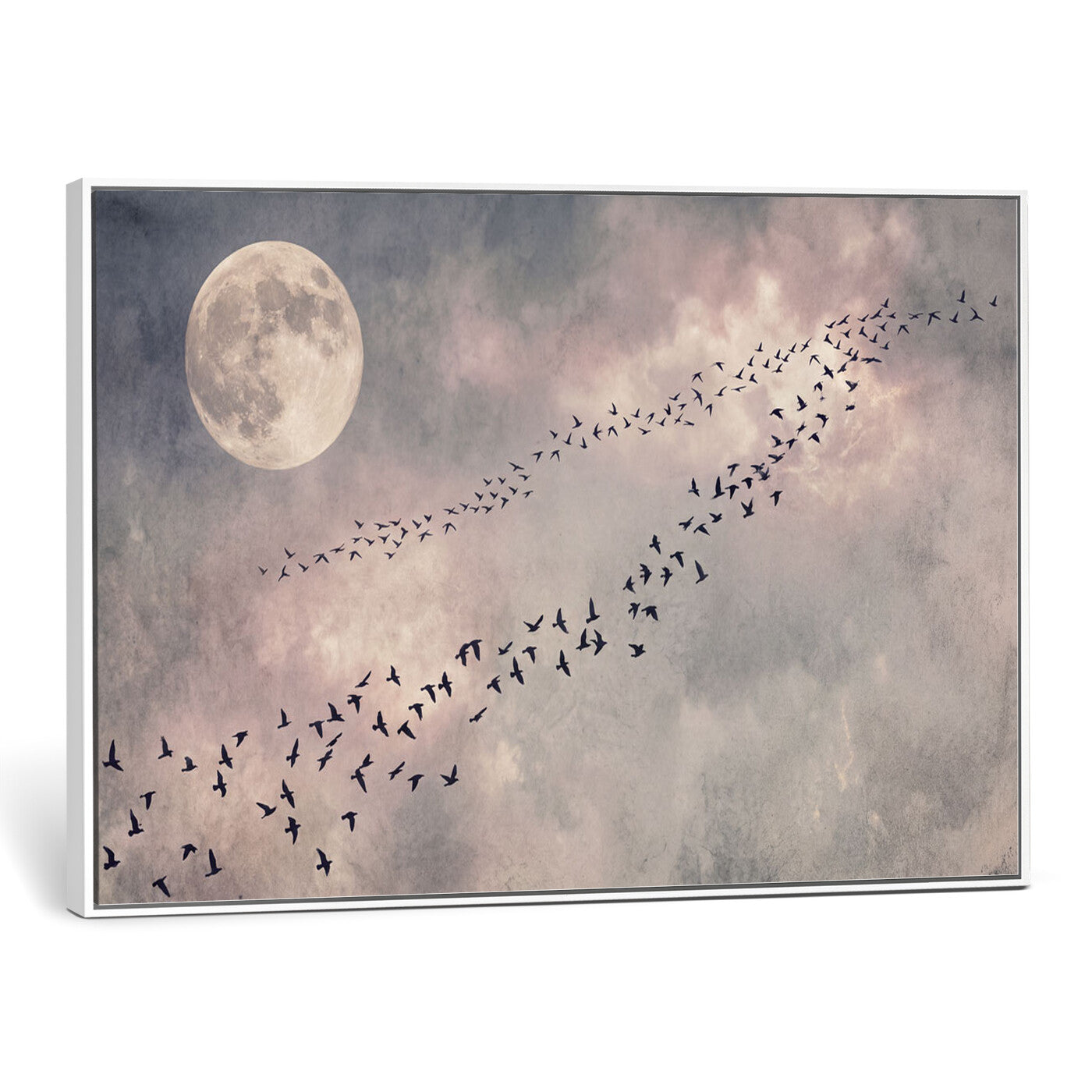52339590-MGV-CV-36X24 - Birds Flying to Moon Wall Art Canvas Print - Vintage Surreal Night Sky Sky Print