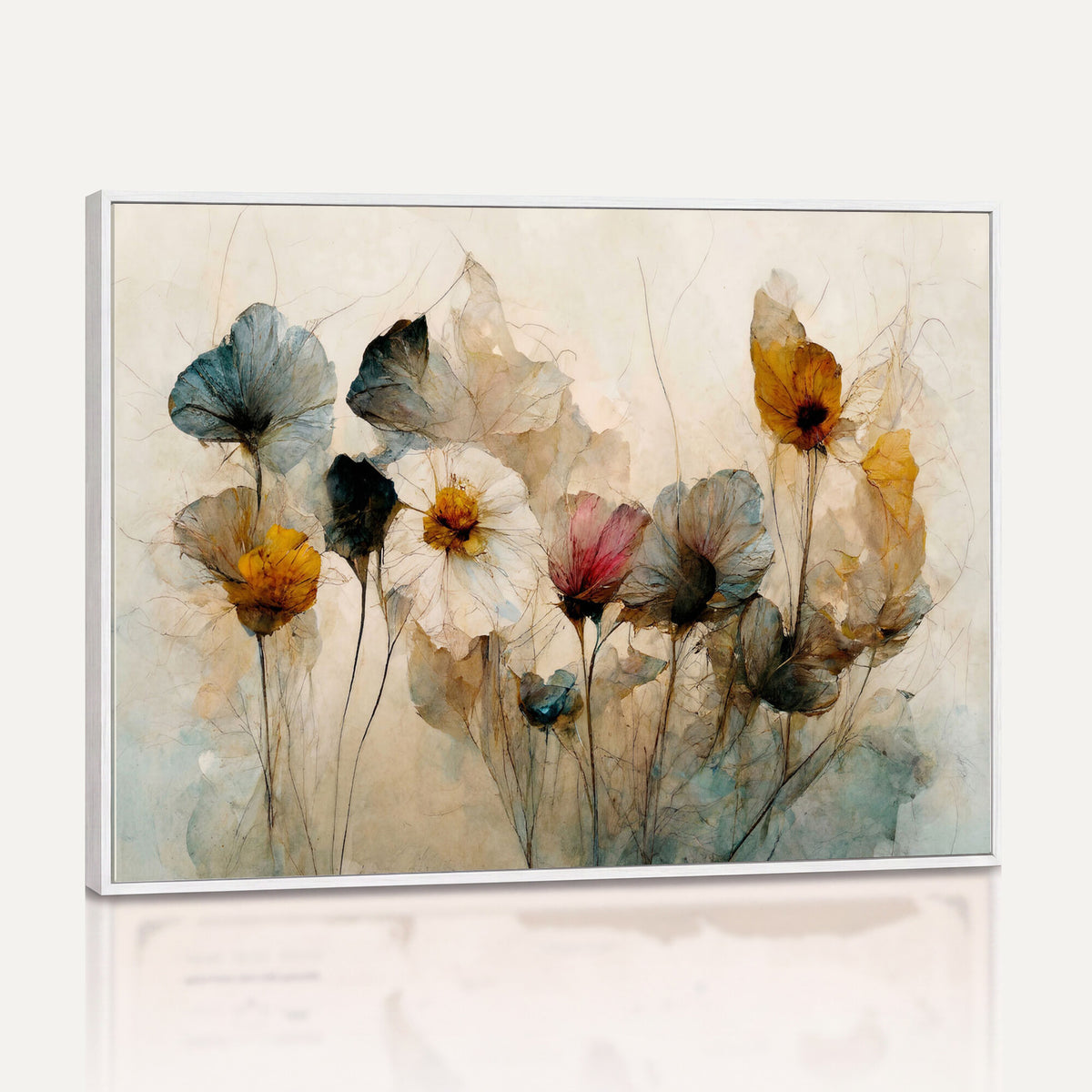 86802229-MGV-CV-36X24 - Vintage Dried Floral Meadow Wall Art Canvas Print, Translucent Watercolor Flowers Painting Print