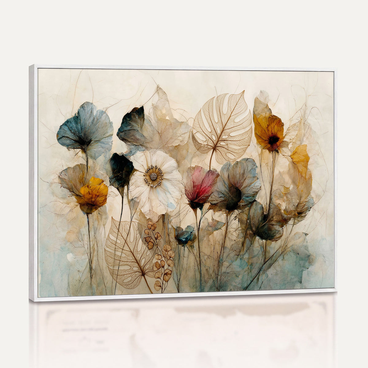 93171612-MGV-CV-36X24 - Vintage Dried Floral Meadow Wall Art Canvas Print, Translucent Watercolor Flowers Painting Print