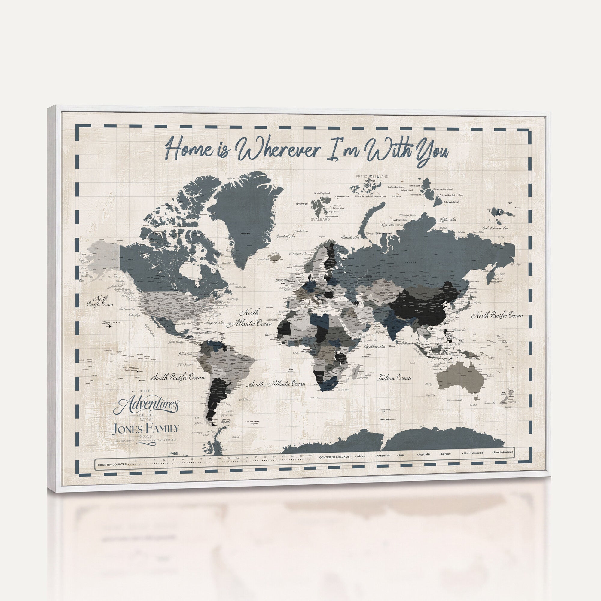 400867164-MGV-CV-36X24 - Framed Blue Custom Push Pin World Map Canvas Print – Personalized Travel Map Wall Art