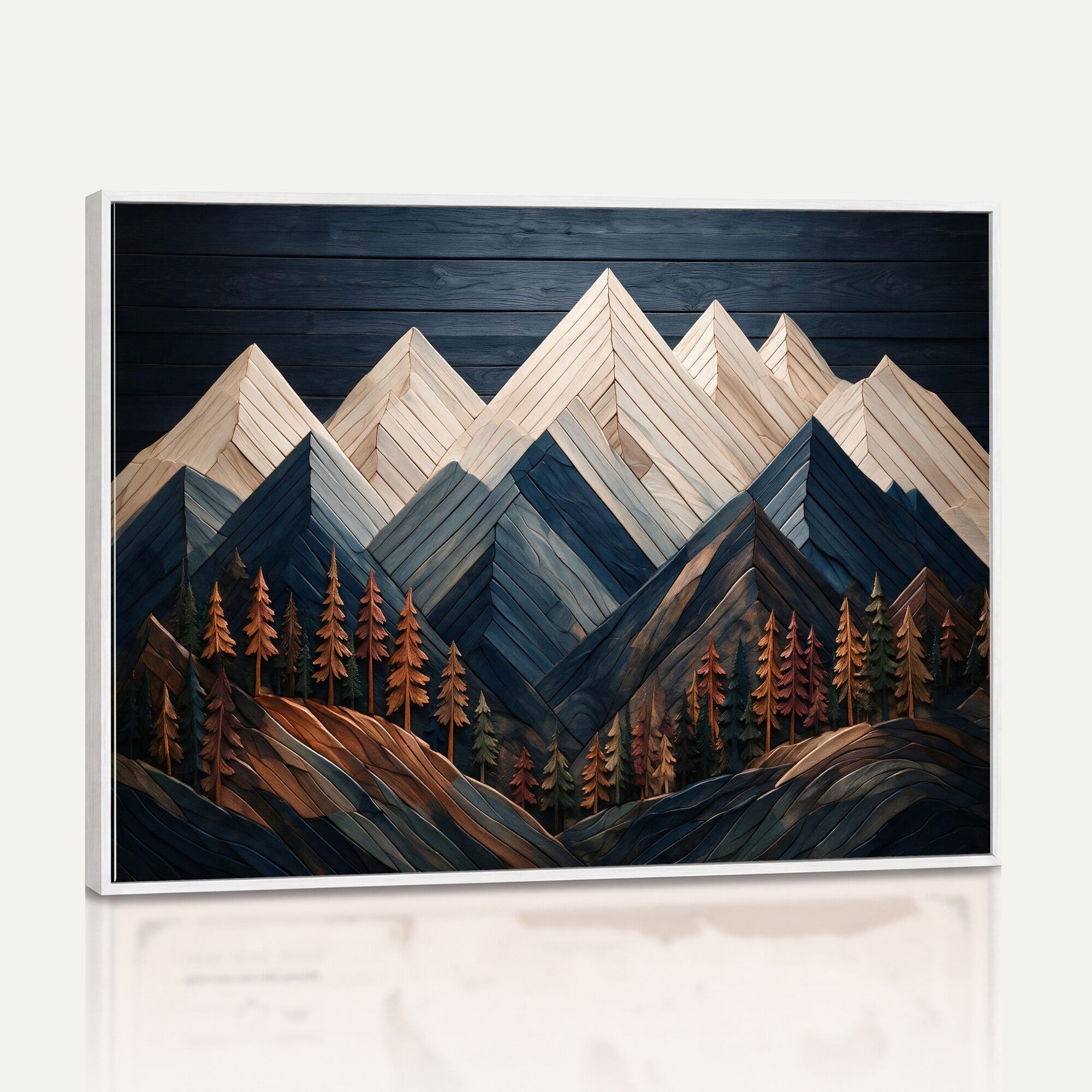 87765072-MGV-CV-36X24 - Geometric Wood Mountain Wall Art Canvas Print, 3D Look Rustic Mosaic Landscape Print