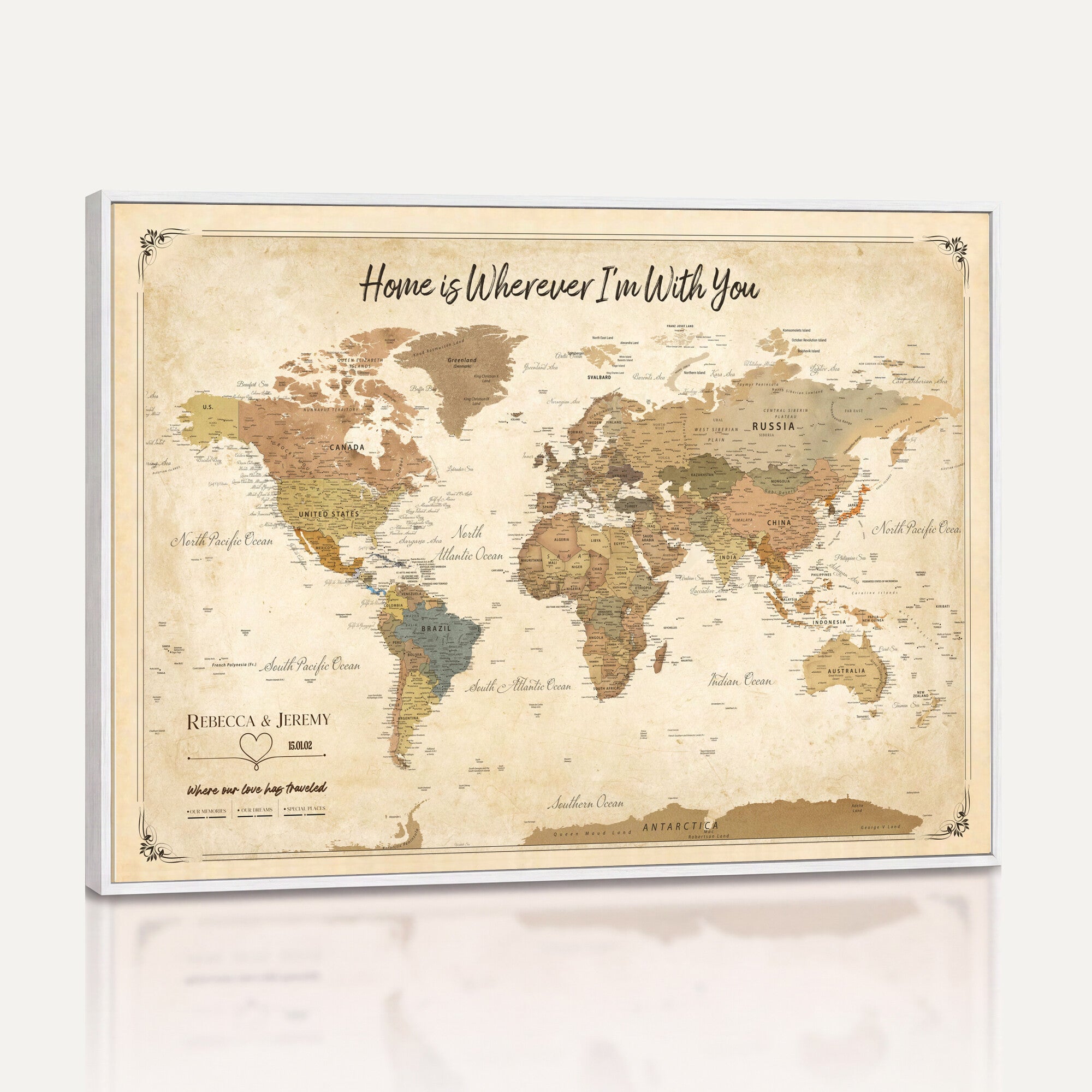 40086165SP-MGV-CV-36X24 - Custom Push Pin Travel Map Canvas Print, Cream Personalized Travel Tracker Map, Anniversary Gift, Vintage World Map Wall Art