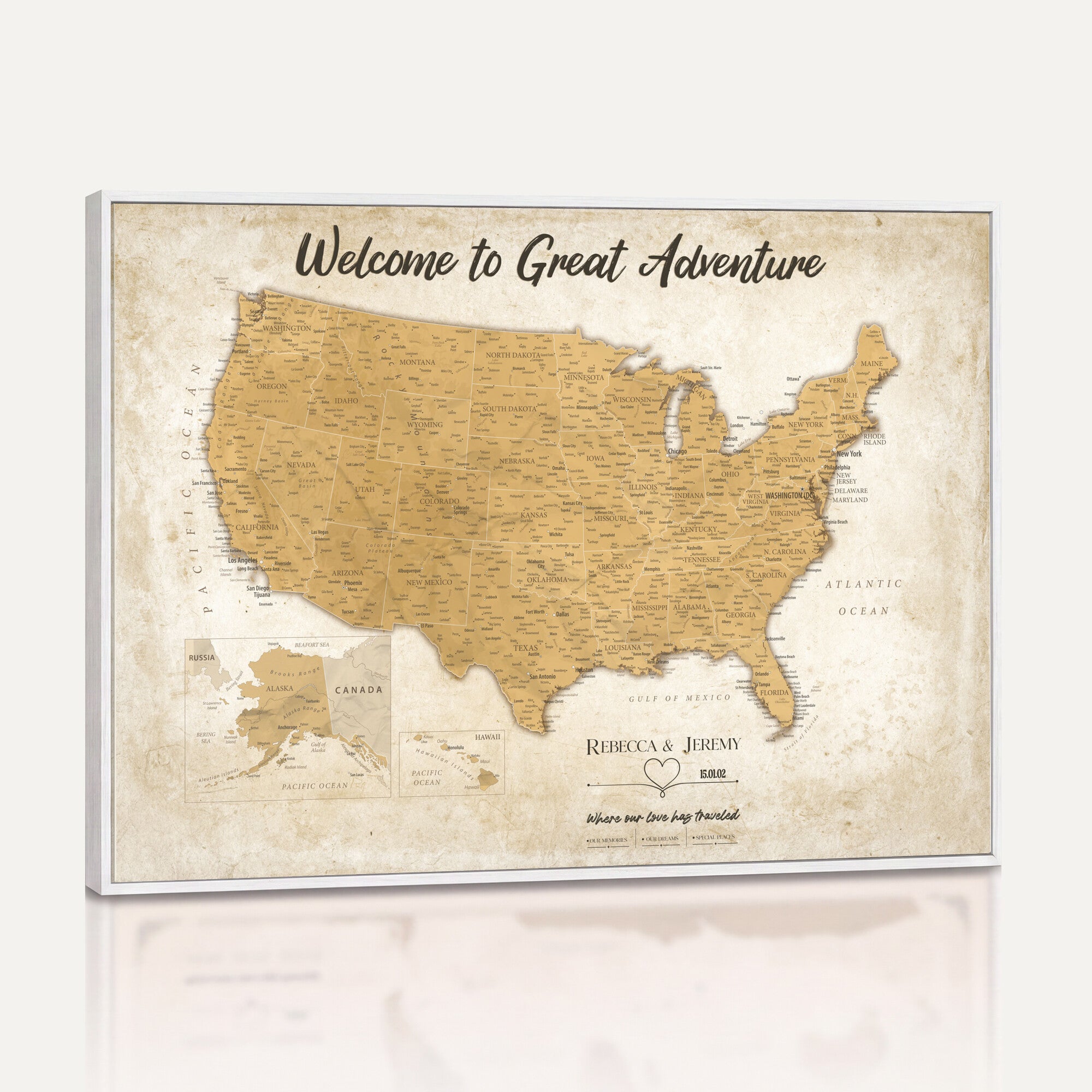 81437082-MGV-CV-36X24 - Custom Push Pin Travel USA Map Canvas Print, Cream Personalized Travel Tracker America Map, Anniversary Traveler Gift