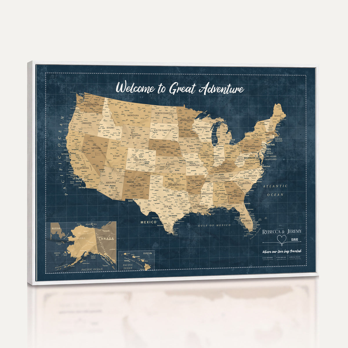 58851035-MGV-CV-36X24 - Custom Push Pin Travel USA Map Canvas Print, Cream Personalized Travel Tracker America Map, Anniversary Traveler Gift