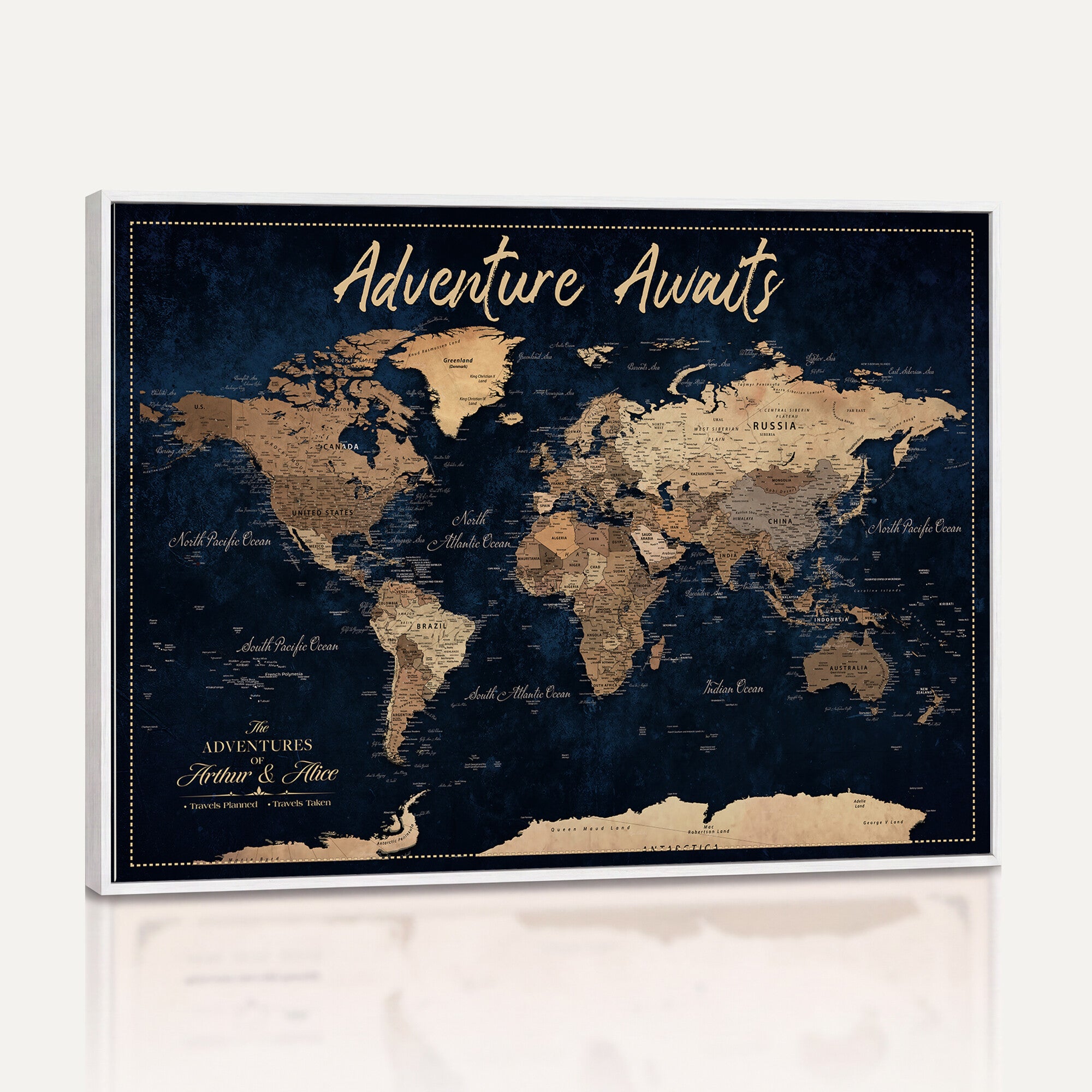 57167164-MGV-CV-36X24 - Custom Push Pin Travel Map Canvas Print, Navy Blue Personalized Travel Tracker Map, Anniversary Gift, Vintage World Map Wall Art