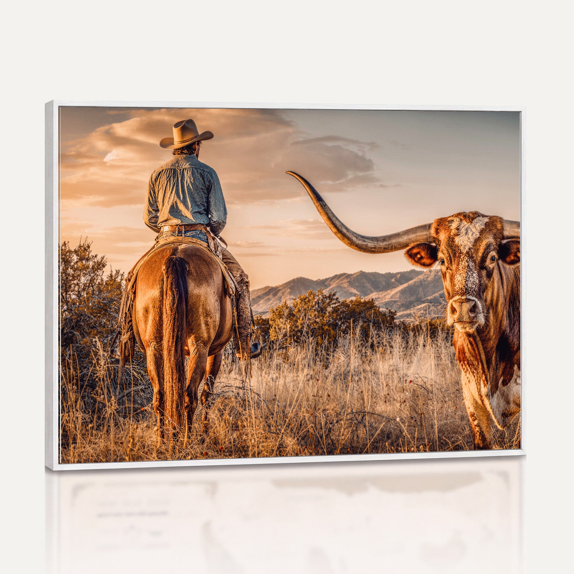 62076449C-MGV-CV-36X24 - Texas Cowboy and Longhorn Bull Print for Western Wall Art Decor for Farmhouse