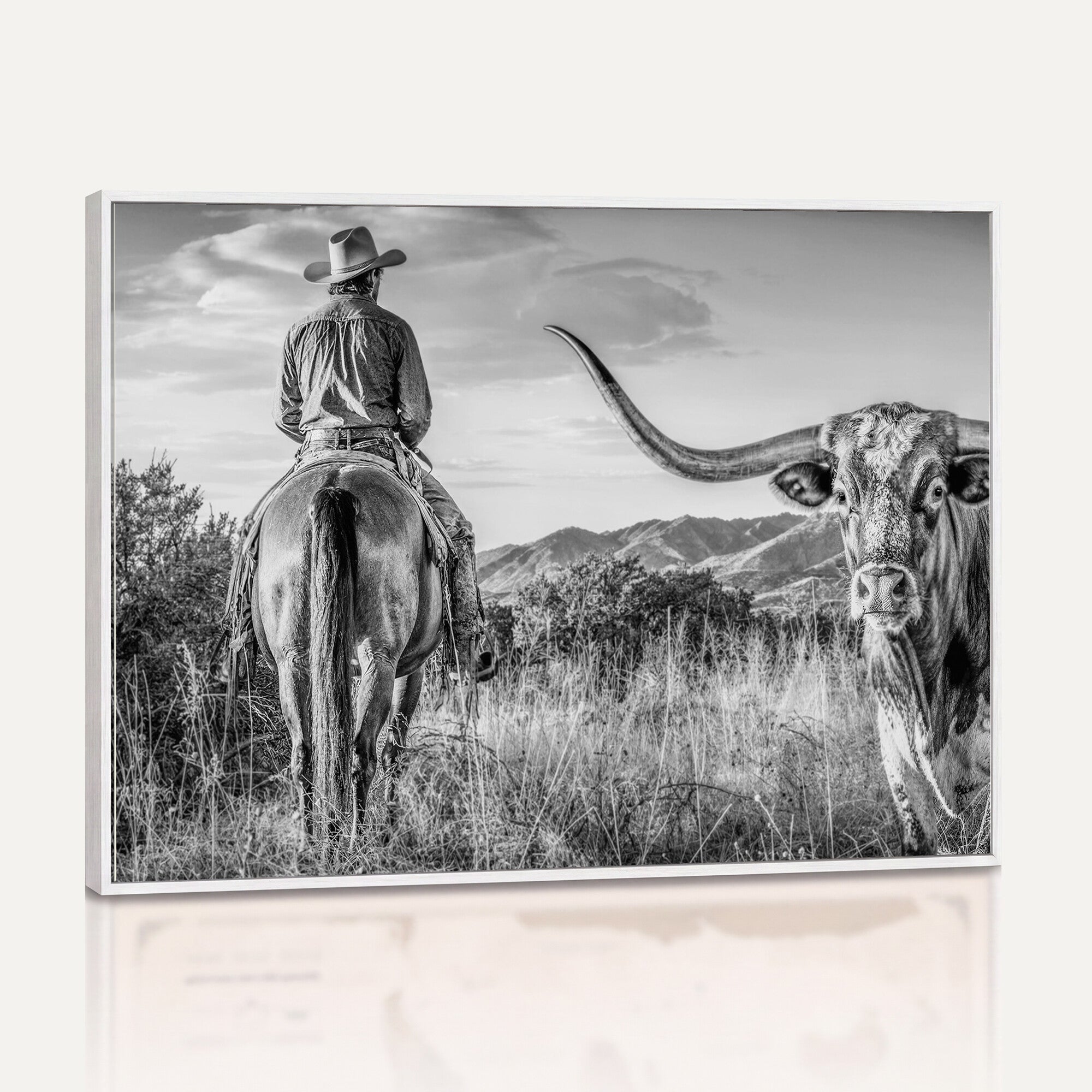 62076449WB-MGV-CV-36X24 - Texas Cowboy and Longhorn Bull Print for Western Wall Art Decor for Farmhouse