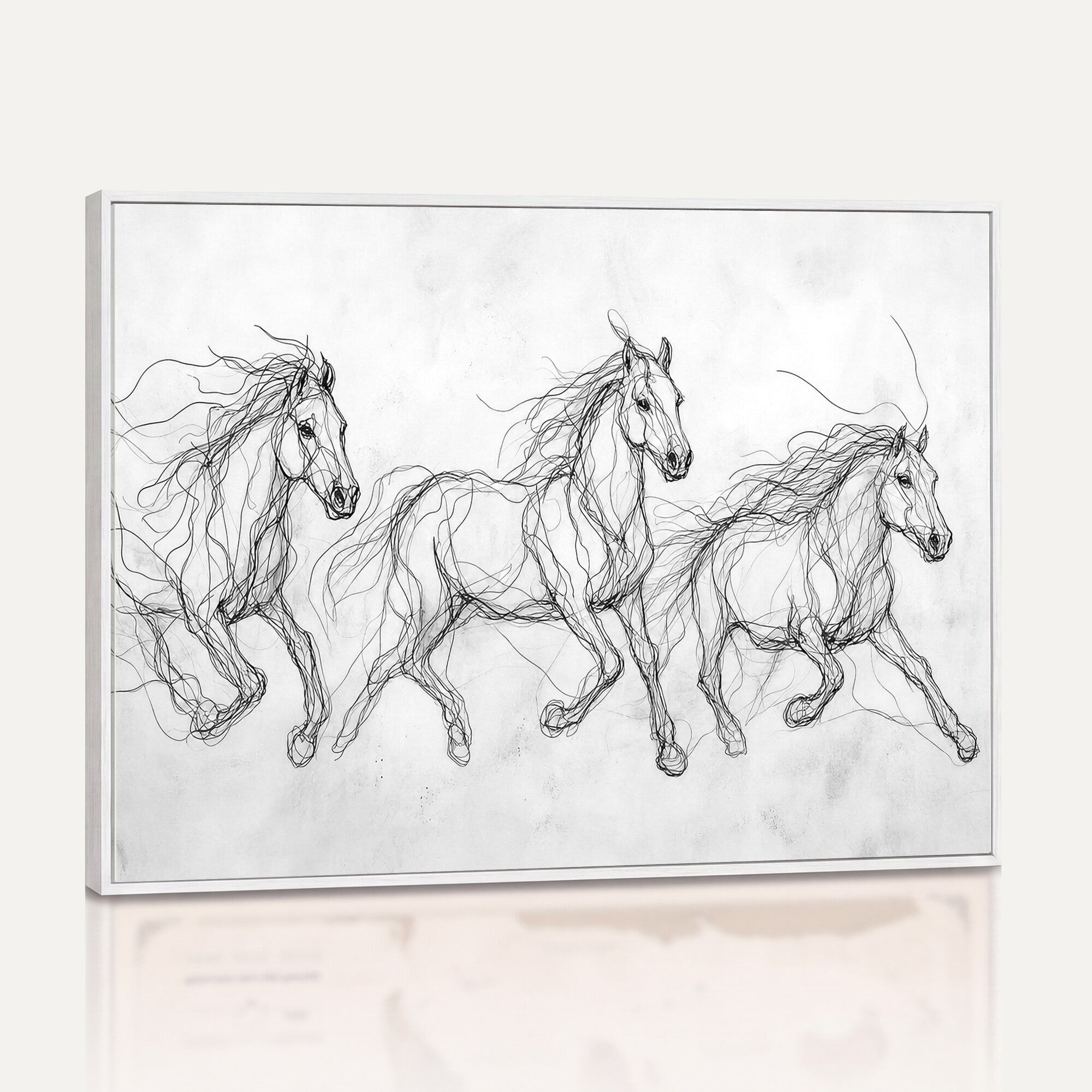 53600119-MGV-CV-36X24 - Monochrome Horse Canvas Wall Art, Black Ink Sketch Wild Horses Print, Minimalist Equestrian Artwork, Modern Abstract Line Decor, Urban Loft Gift
