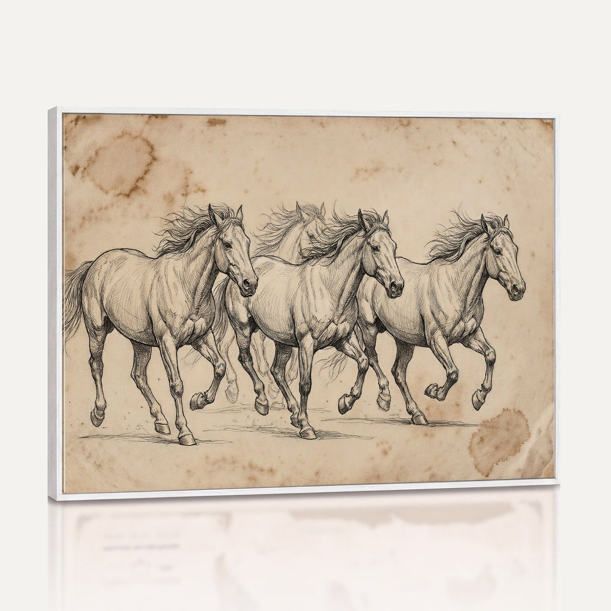 56046981-MGV-CV-36X24 - Sepia Wild Horses Canvas Art, Antique Pencil Drawing Print, Vintage Gallery Wall Decor, Rustic Equestrian Artwork, Traditional Den Gift