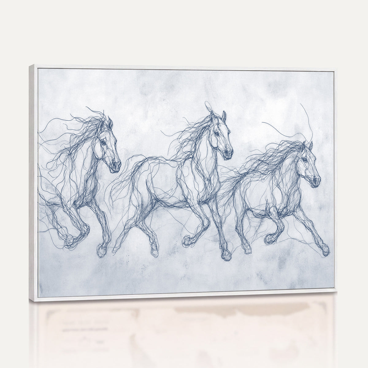 41163601-MGV-CV-36X24 - Indigo Blue Horse Line Art Canvas, Steel Grey Wild Horses Print, Abstract Navy Scribble Artwork, Modern Slate Equine Wall Decor, Coastal Ranch Gift