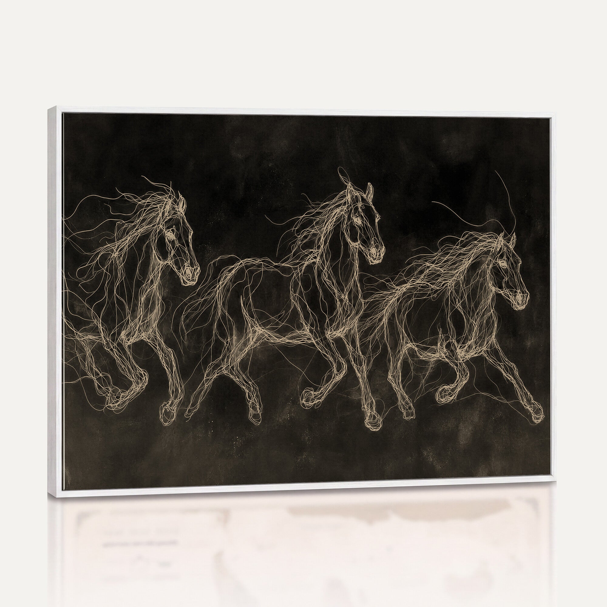 15344242-MGV-CV-36X24 - Dark Horse Line Art Canvas, Gold Scribble Wild Horses Print, Black Chalkboard Wall Art, Modern Luxury Equine Decor, Masculine Office Gift
