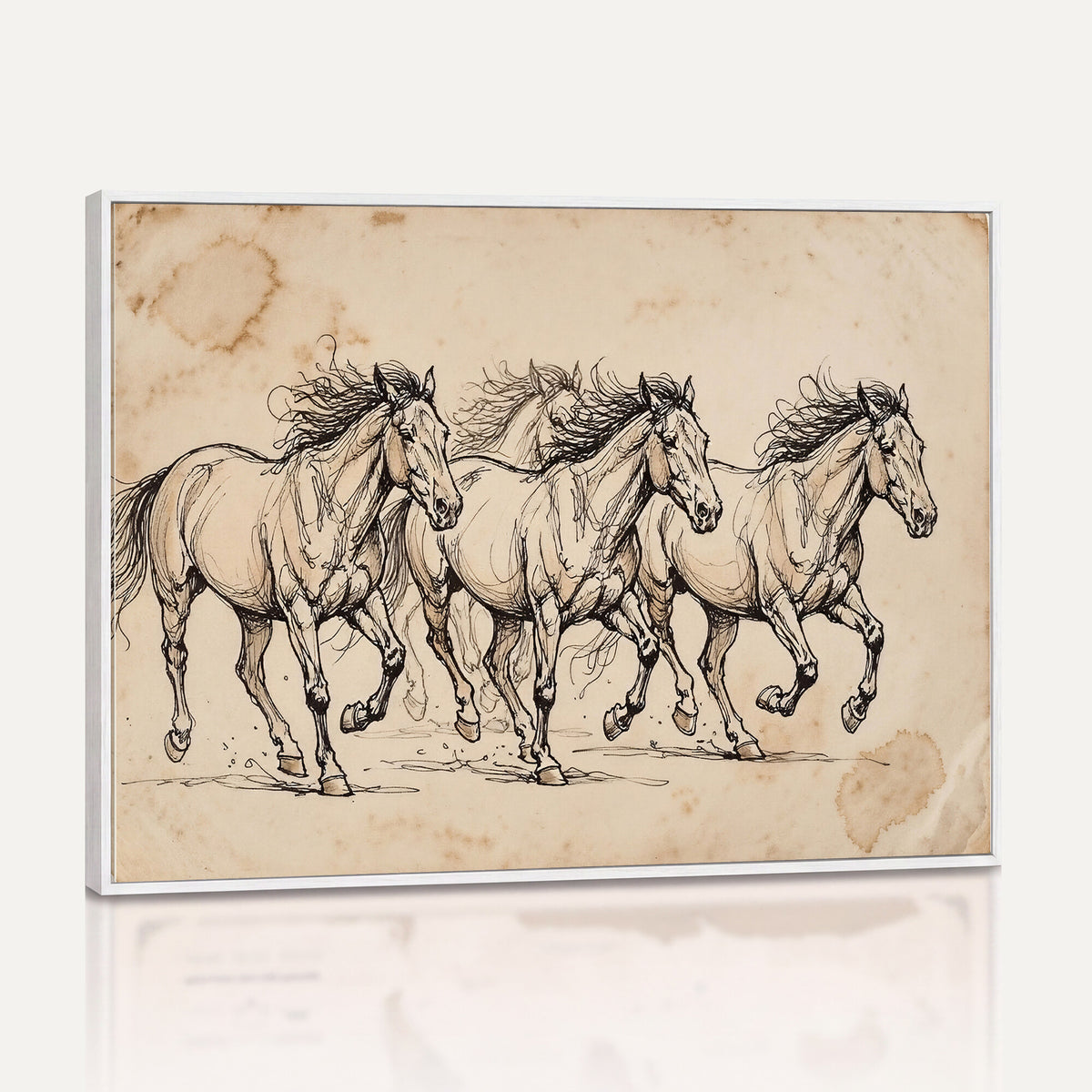 18242163-MGV-CV-36X24 - Vintage Horse Sketch Canvas Wall Art, Wild Horses Pencil Drawing Print, Antique Parchment Western Decor, Equine Sketching, Country Manor Gift
