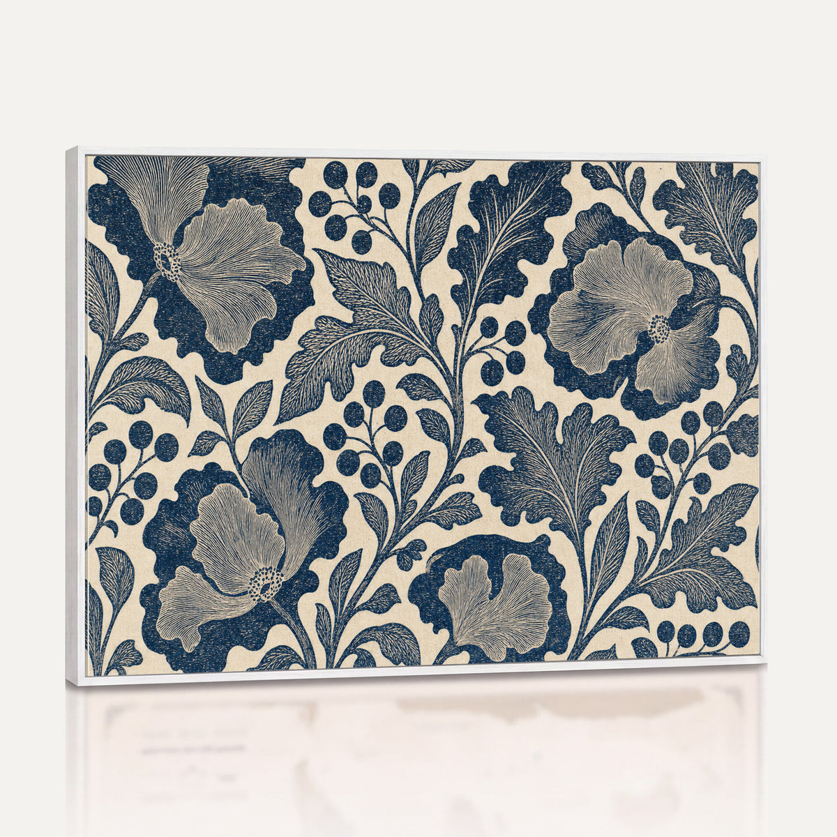 23824002-MGV-CV-36X24 - William Morris Style Navy Blue Floral Wall Art Canvas Print, Vintage Cream Botanical Painting Print