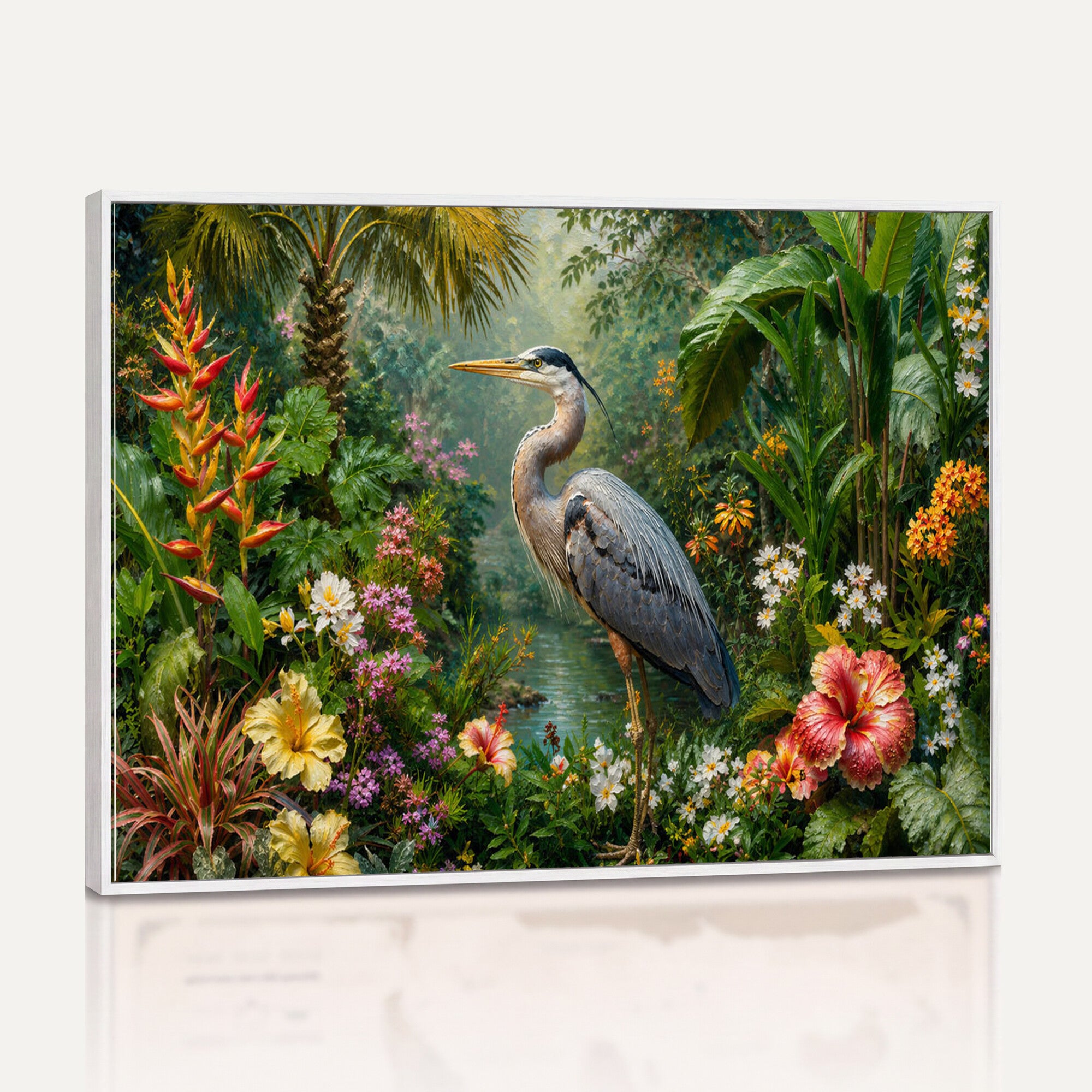 81059387-MGV-CV-36X24 - Great Blue Heron Tropical Jungle Wall Art Canvas Print, Exotic Botanical Garden Painting Print