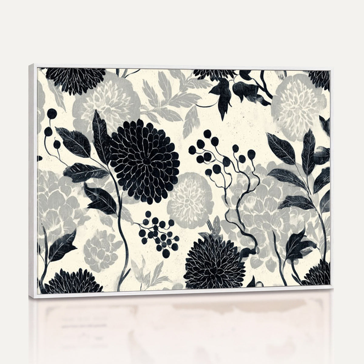 61524791-MGV-CV-36X24 - Vintage Black Chrysanthemum Wall Art Canvas Print, Monochrome Dhalia Floral Painting Print