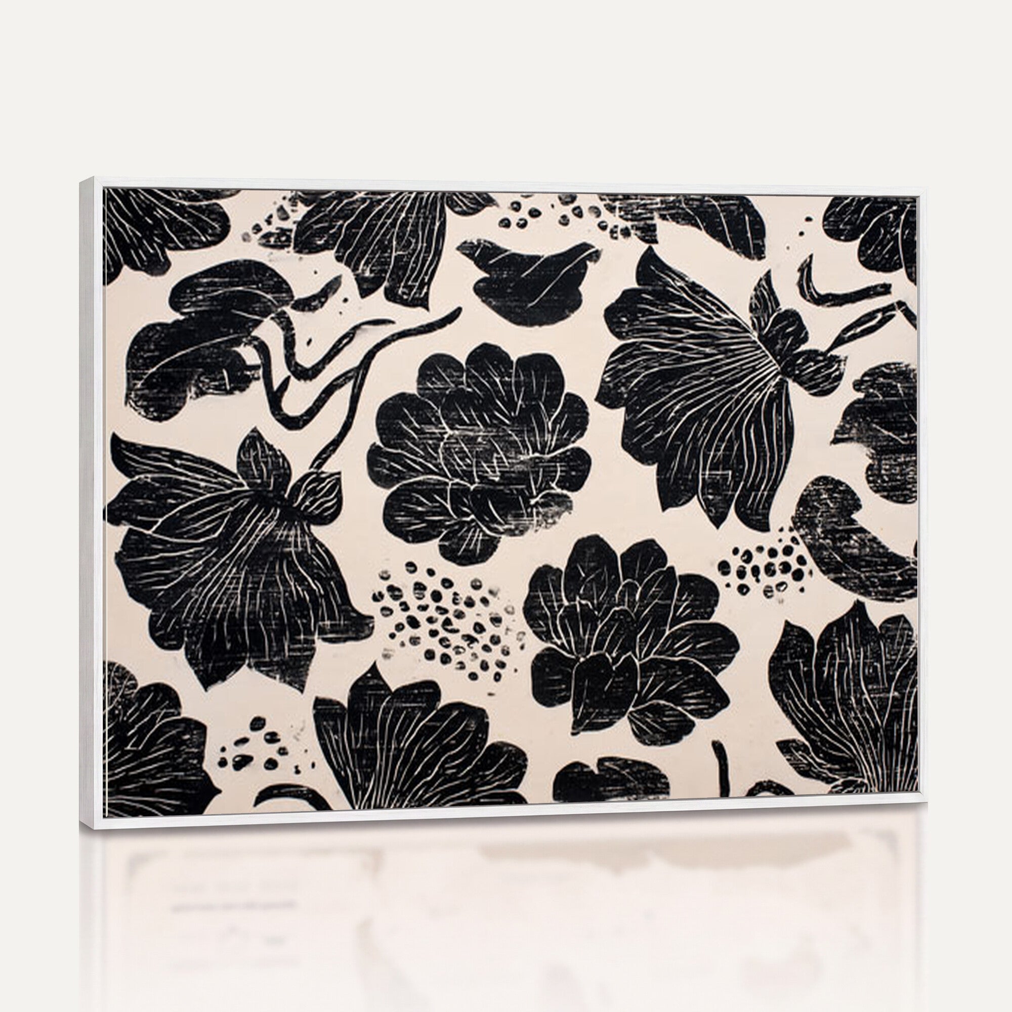 81787117-MGV-CV-36X24 - Linocut Black Lotus Floral Wall Art Canvas Print, Vintage Monochrome Botanical Painting Print