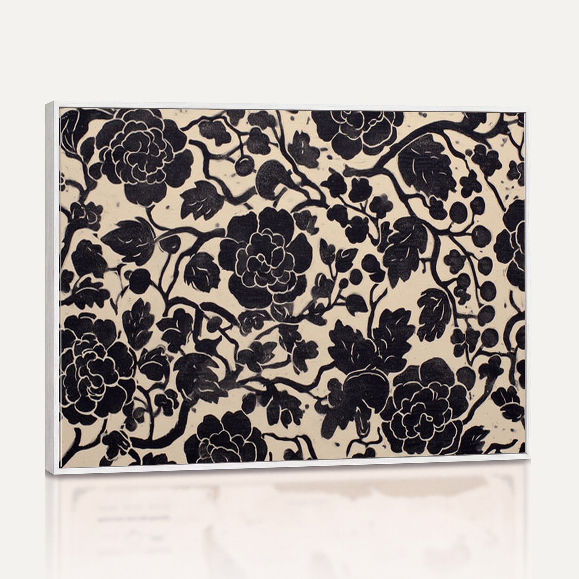 86696255-MGV-CV-36X24 - Vintage Black and Cream Floral Wall Art Canvas Print, Chinoiserie Botanical Painting Print