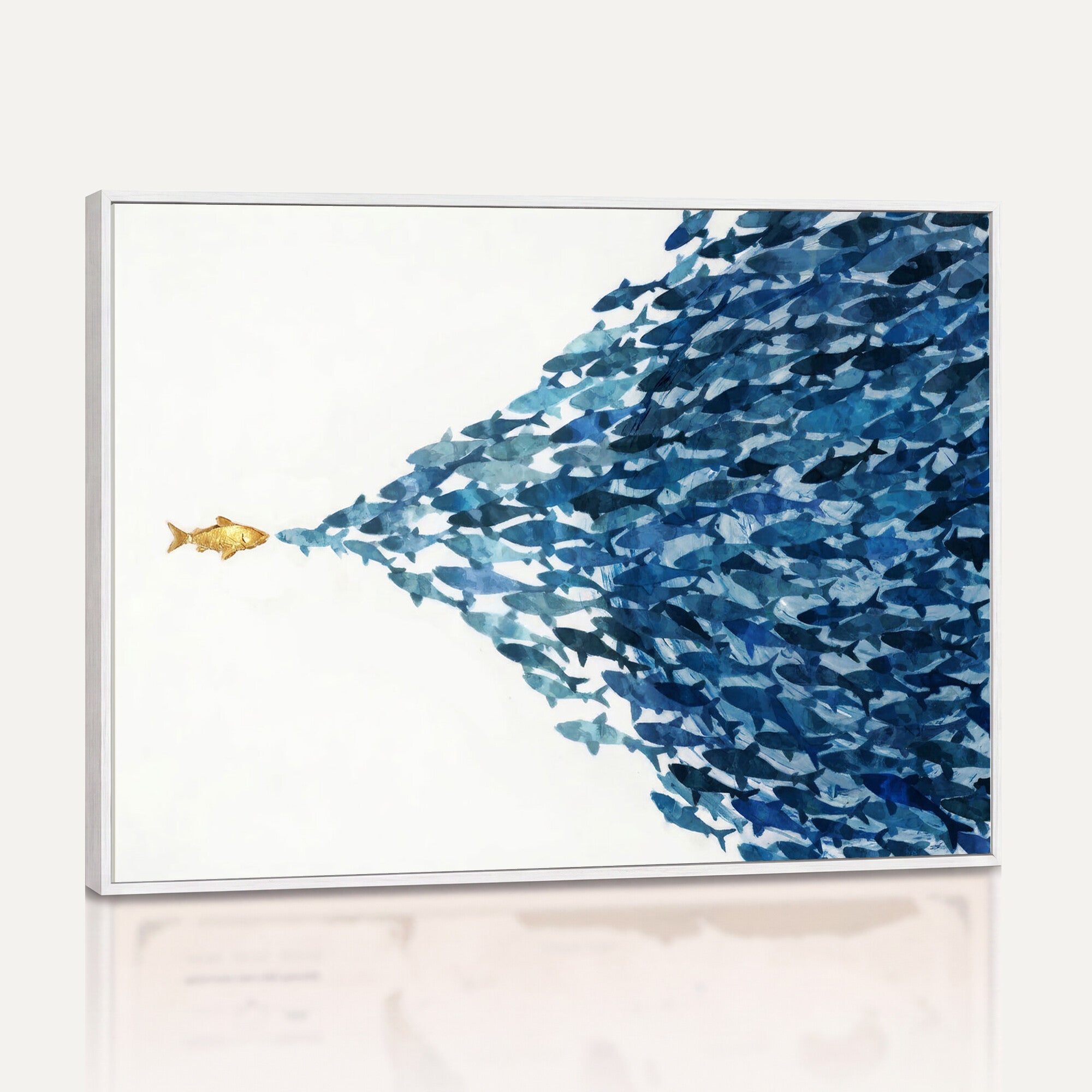 79089639-MGV-CV-36X24 - Abstract Blue Fish School Canvas Wall Art, Gold Foil Accent Marine Print