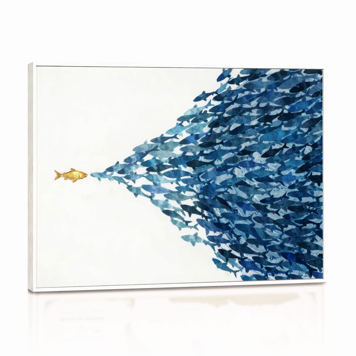 79089639-MGV-CV-36X24 - Abstract Blue Fish School Canvas Wall Art, Gold Foil Accent Marine Print