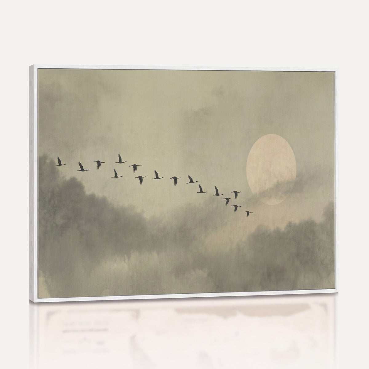 1209814B-MGV-CV-36X24 - Flying Cranes Canvas Wall Art, Misty Landscape with Moon, Sage Green Japandi Decor, Framed Print