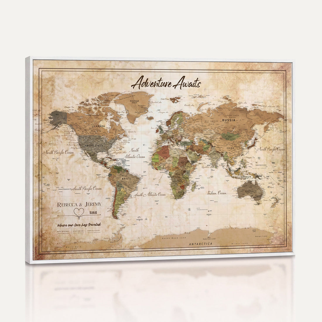 Custom Beige Push Pin World Map Canvas Print, Personalized Wedding Gift for Couples