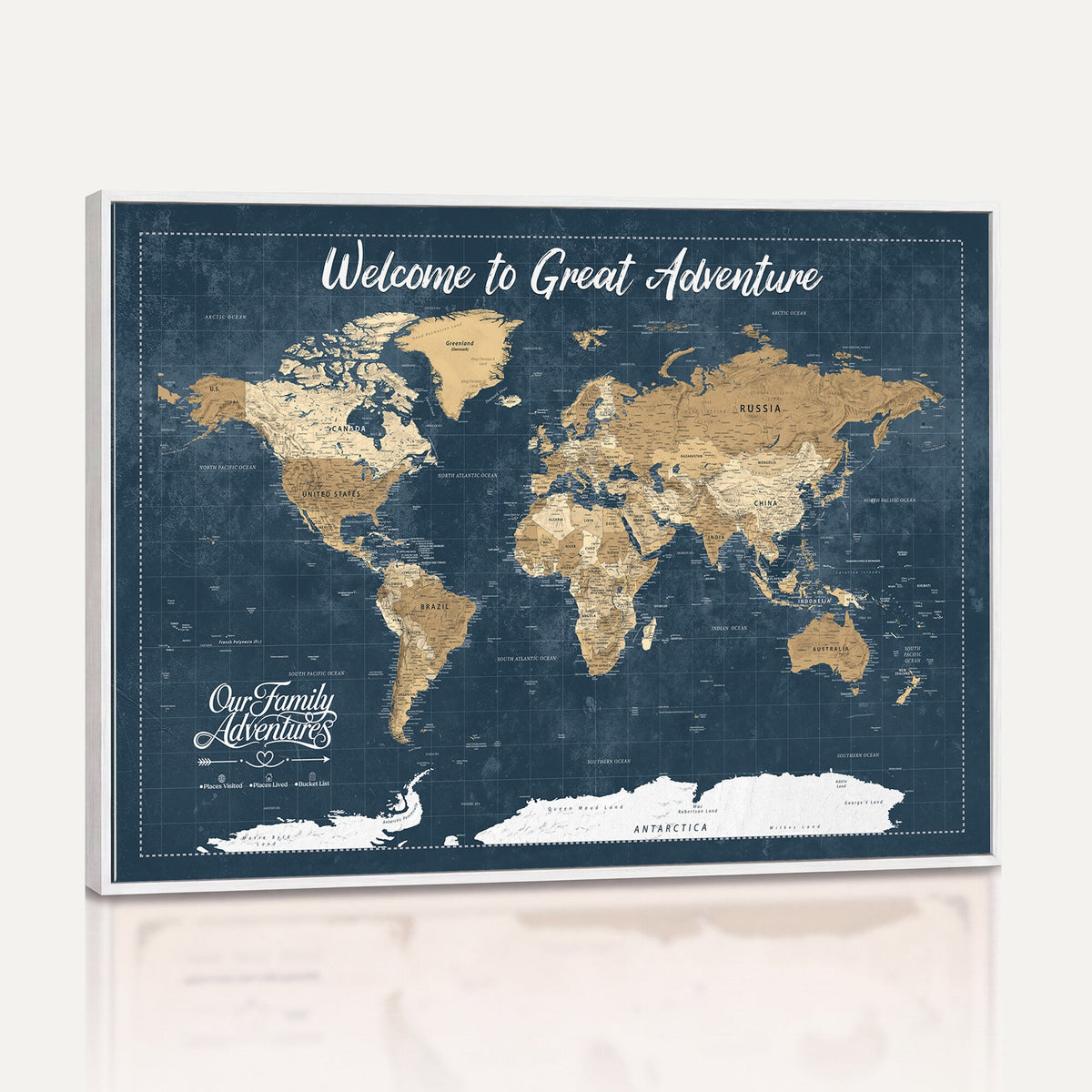 86877844-MGV-CV-36X24 - Our Family Adventures Push Pin World Map Wall Art Canvas Print - Family Travel Tracker Map with Pins