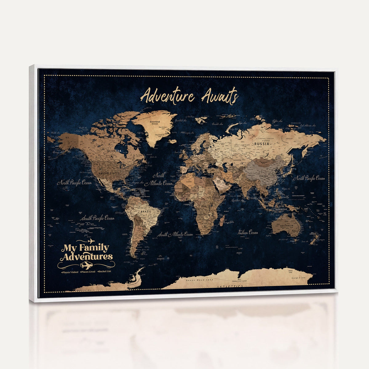 82827666-MGV-CV-36X24 - Our Family Adventures Push Pin World Map Wall Art Canvas Print - Family Travel Tracker Map with Pins