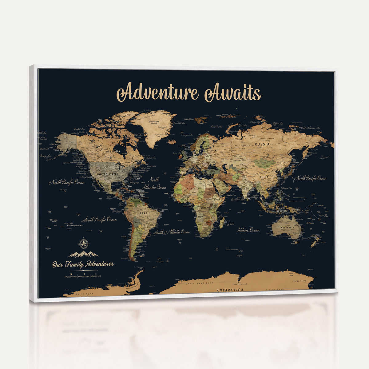 88994085-MGV-CV-36X24 - Our Family Adventures Push Pin World Map Wall Art Canvas Print - Family Travel Tracker Map with Pins