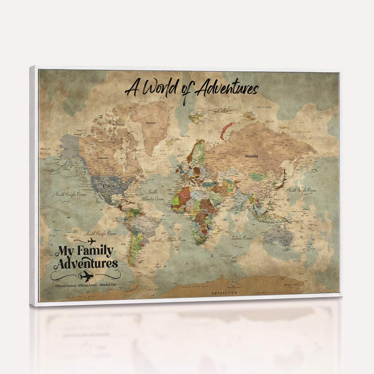 57377793-MGV-CV-36X24 - Our Family Adventures Push Pin World Map Wall Art Canvas Print - Family Travel Tracker Map with Pins