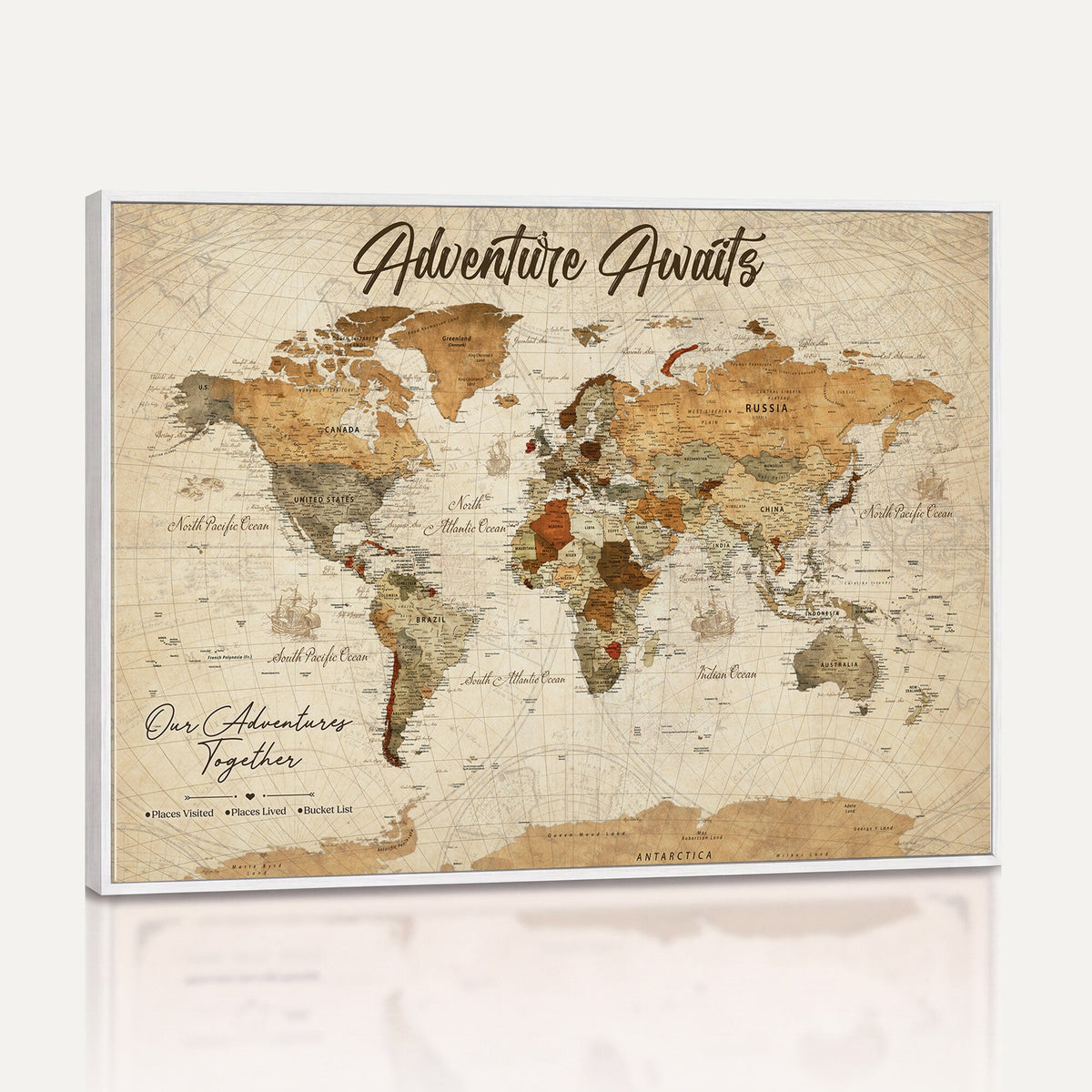 94237870-MGV-CV-36X24 - Our Family Adventures Push Pin World Map Wall Art Canvas Print - Family Travel Tracker Map with Pins