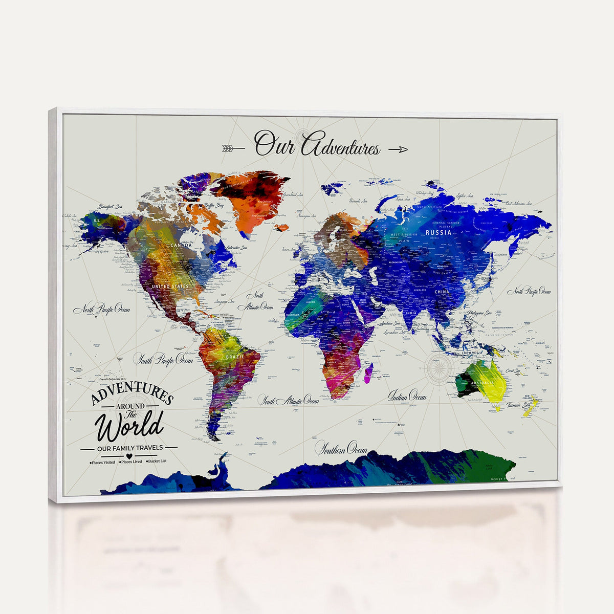 88162438-MGV-CV-36X24 - Our Family Adventures Push Pin World Map Wall Art Canvas Print | Family Travel Tracker Map with Pins